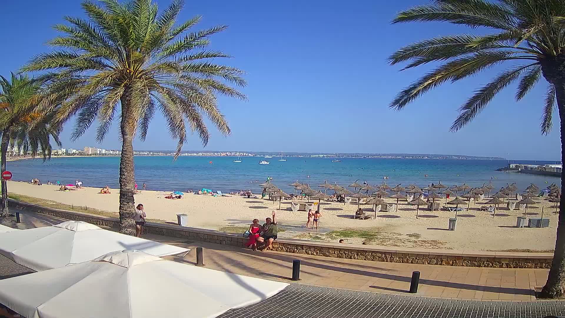 A sandy beach with numerous straw umbrellas, palm trees, and a few people is seen from a boardwalk overlooking a calm, turquoise ocean under a clear blue sky.