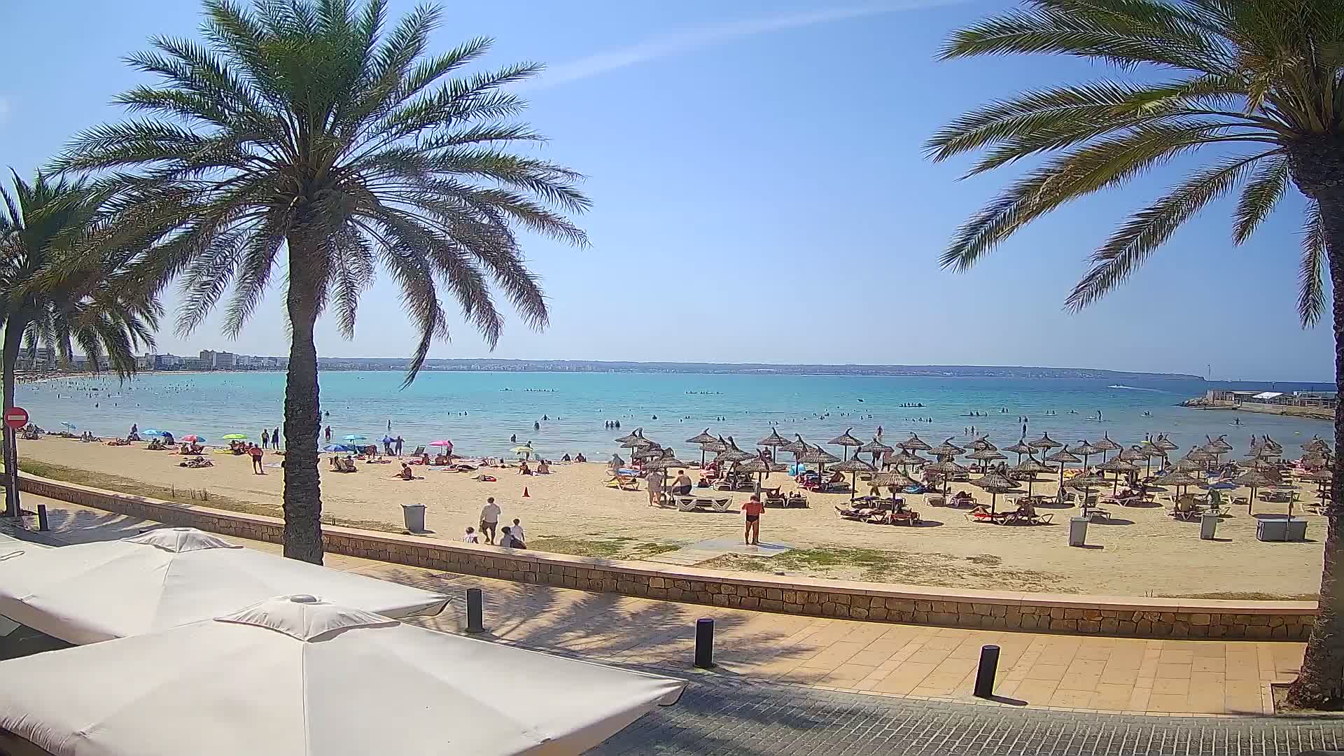 A sunny beach scene shows numerous beach umbrellas and bathers on a sandy shore with calm, turquoise water, framed by palm trees.
