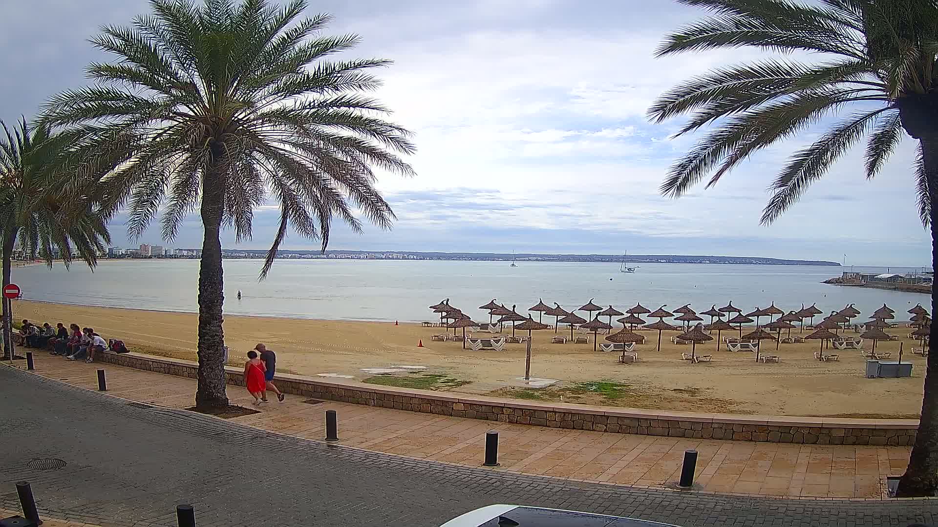 A mostly sunny day at a beach with palm trees, a few people walking, and numerous straw umbrellas lining the sand.