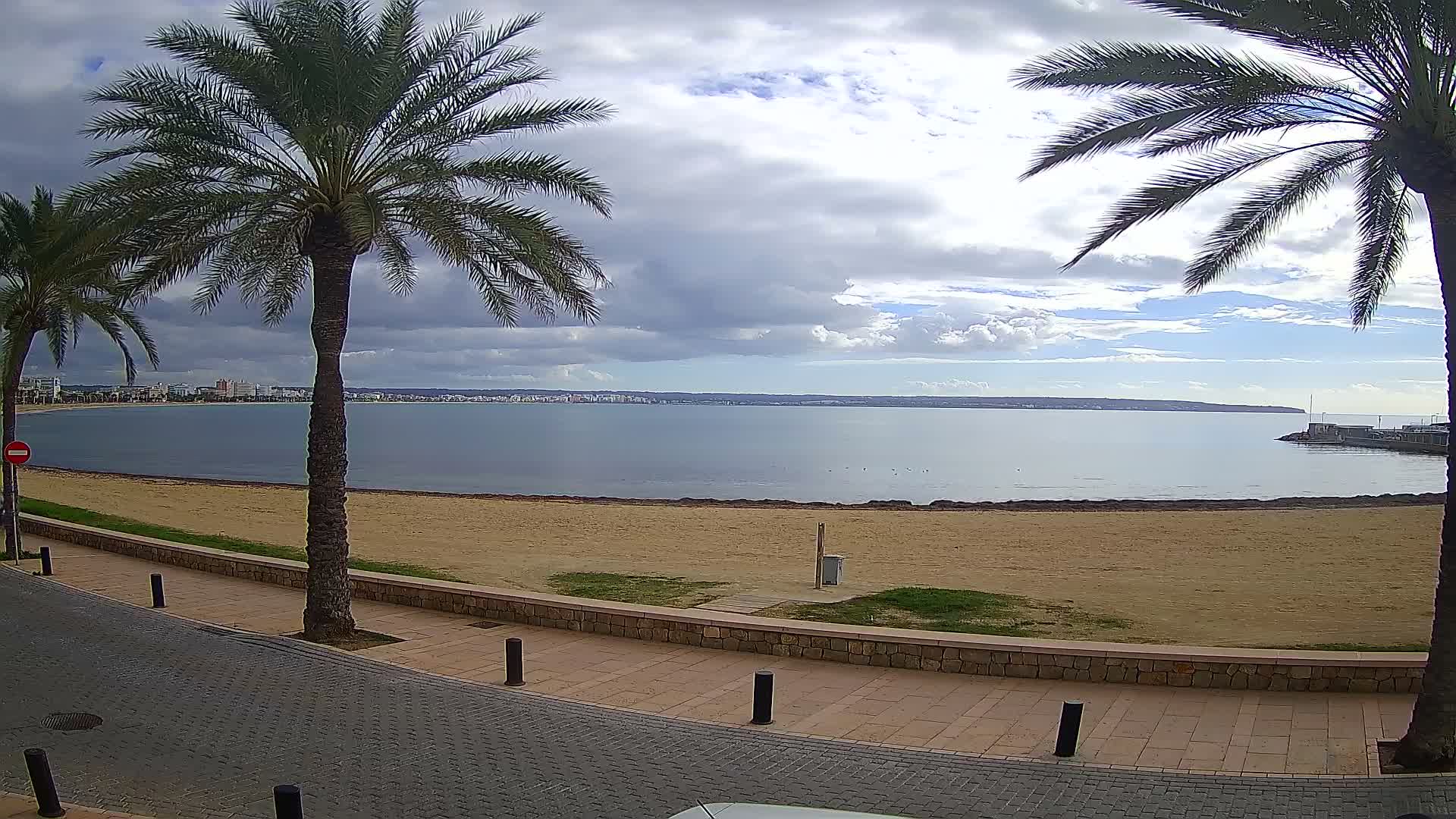 A nighttime beach scene shows people strolling along a paved walkway, some seated on a low wall overlooking a sandy beach with closed umbrellas, a calm body of water, and a city skyline in the distance under a moonlit sky.