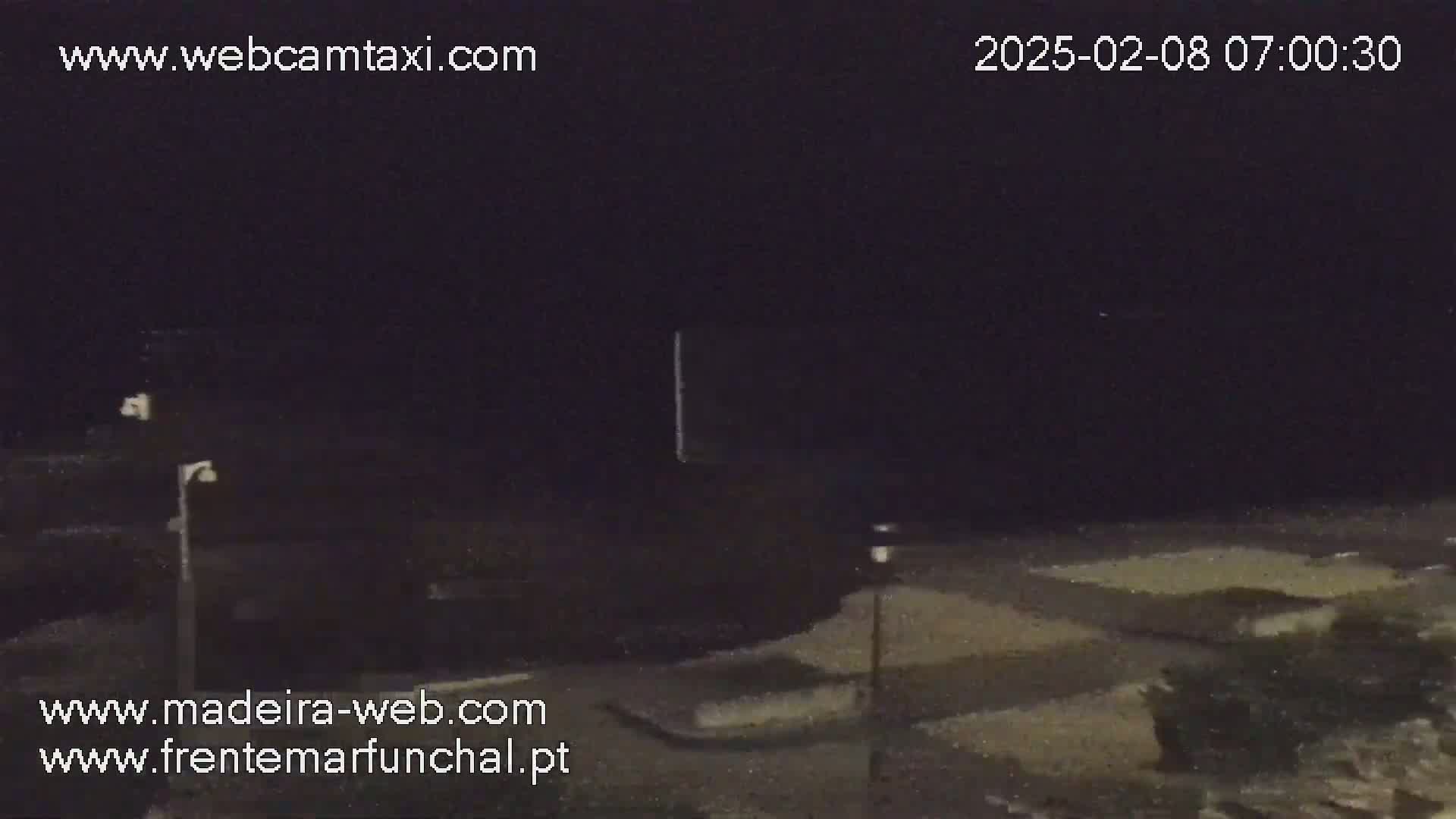 A dark, nighttime scene shows a mostly empty paved area with some sparse vegetation, lit by a few lamps, under a clear, dark sky.