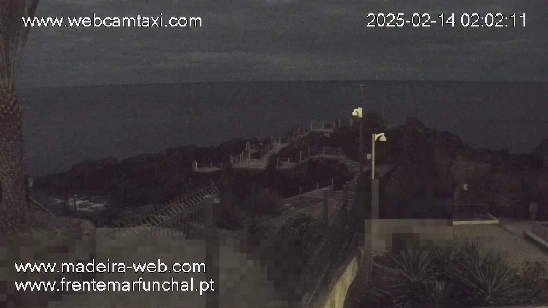 A nighttime coastal scene shows a dark ocean, a stairway leading down to the water, and some low-lying vegetation under a mostly cloudy sky.