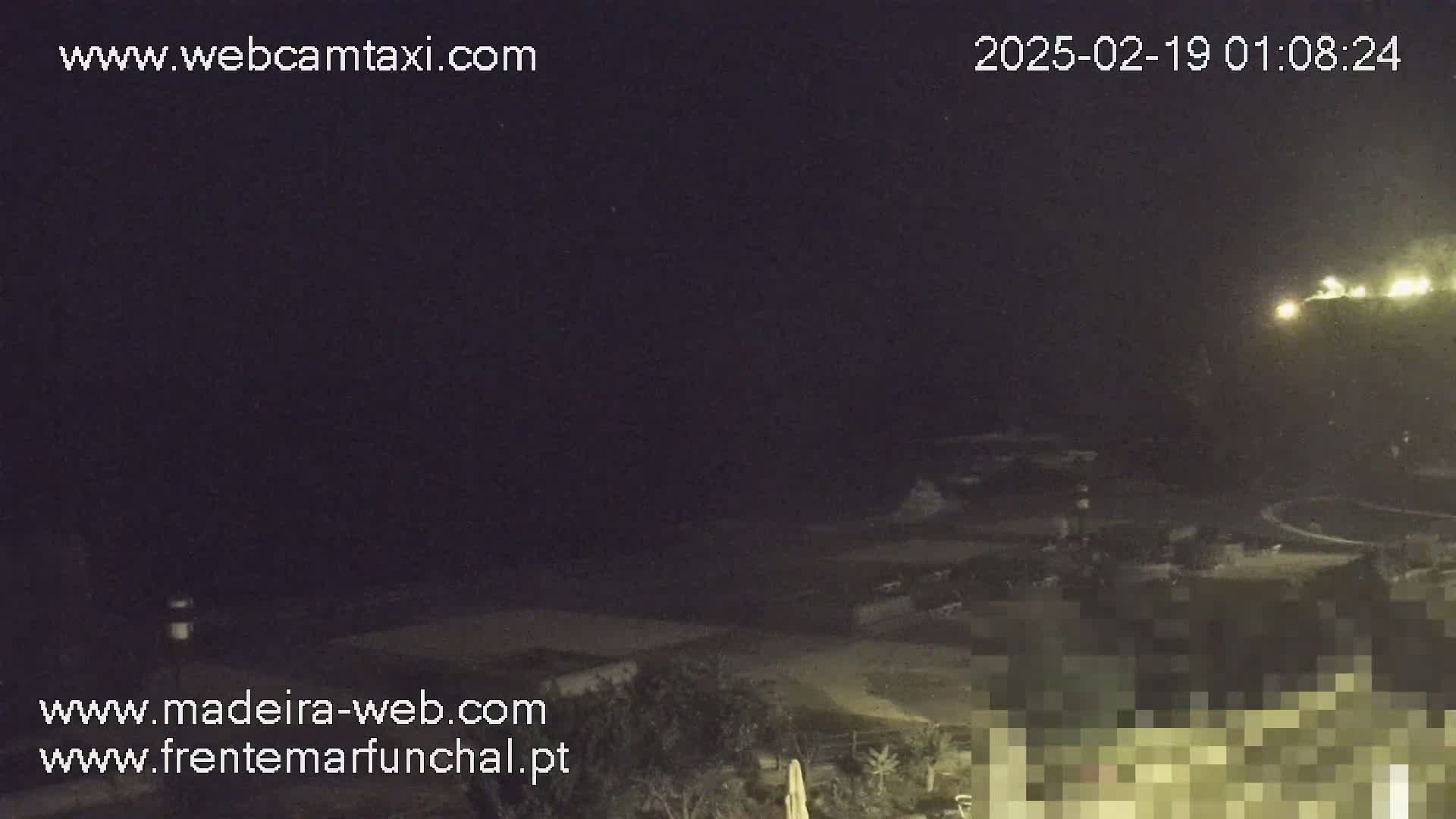 A nighttime, low-light view of a dark beach and coastline, with some lights visible in the distance on a hilltop.