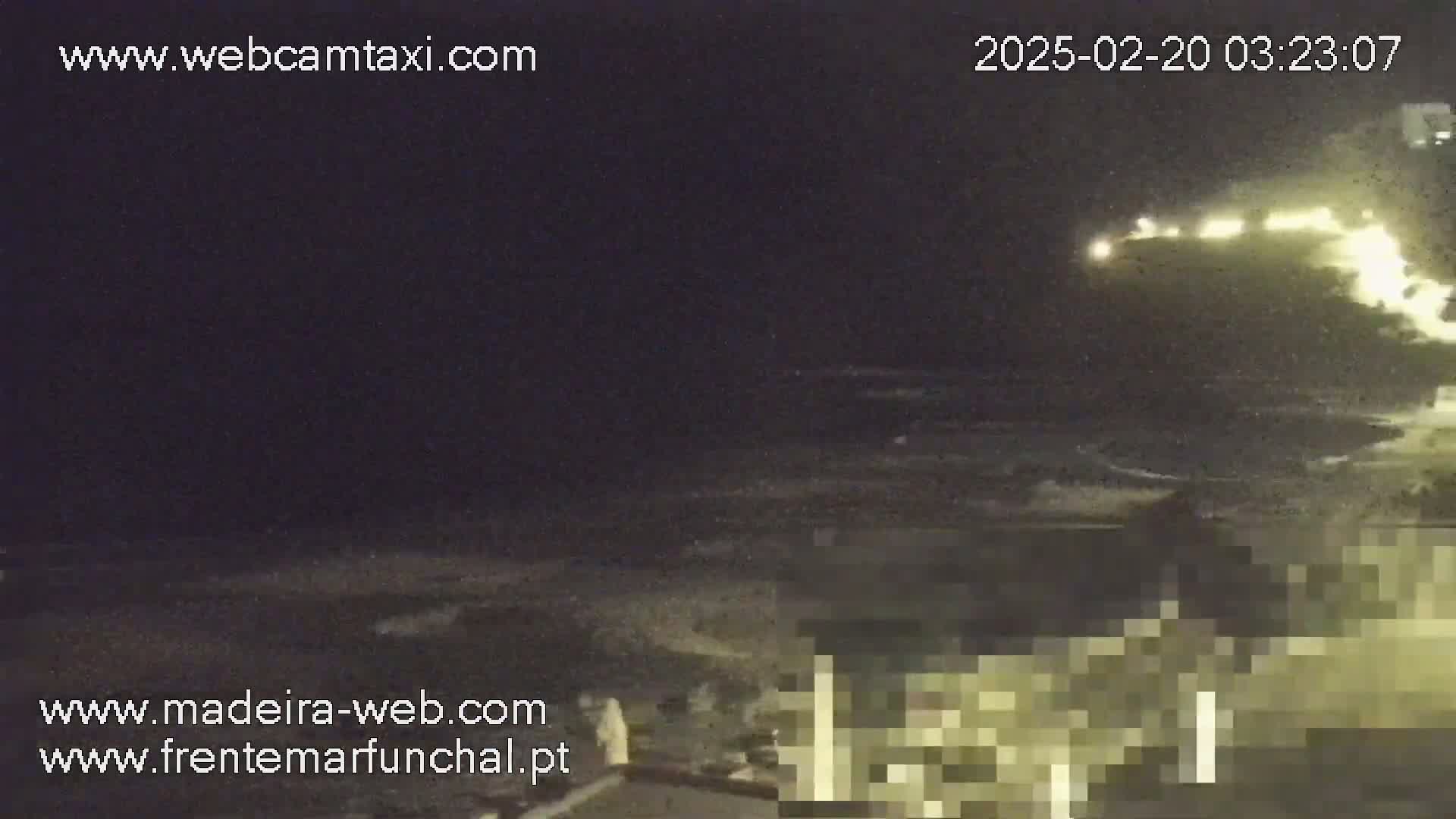 A nighttime view of a dark ocean with waves under a mostly clear sky, featuring lights in the distance along a shoreline and a blurry structure in the foreground.