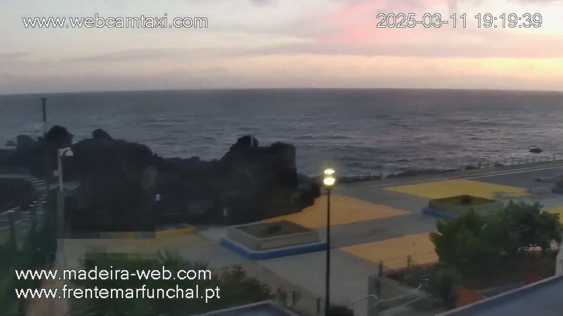 A twilight coastal scene shows dark ocean waves lapping against dark rocks near a paved area with small shrubs and a lamppost.