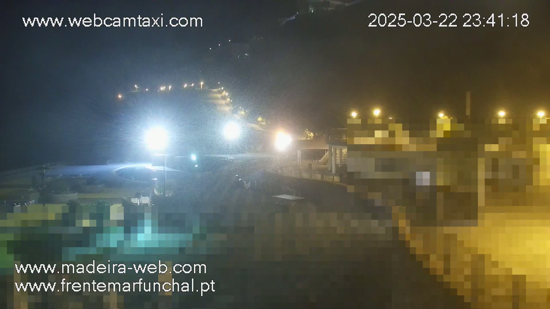 A nighttime scene of a coastal area with light snow or spray falling, illuminated by streetlights and building lights.