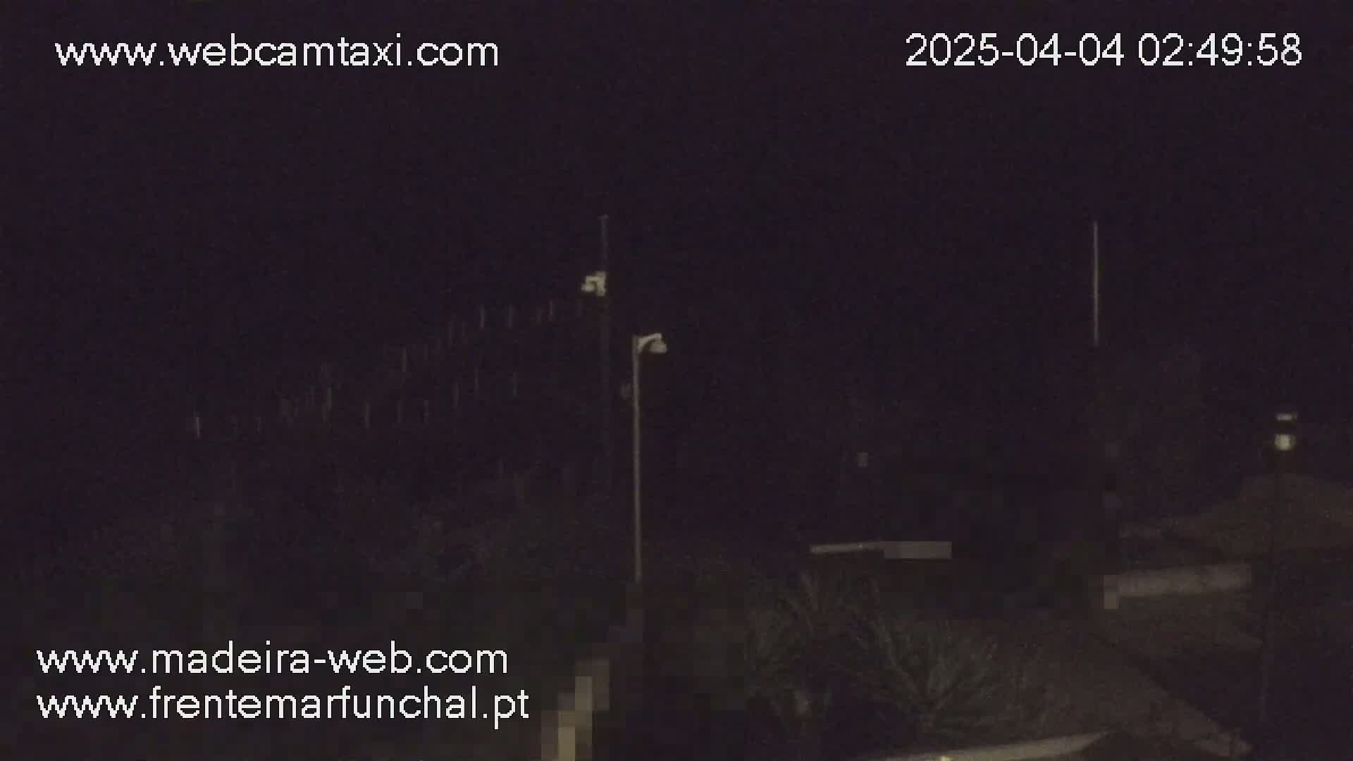 A nighttime, dark view shows a tall light post with a security camera, buildings, and vegetation.