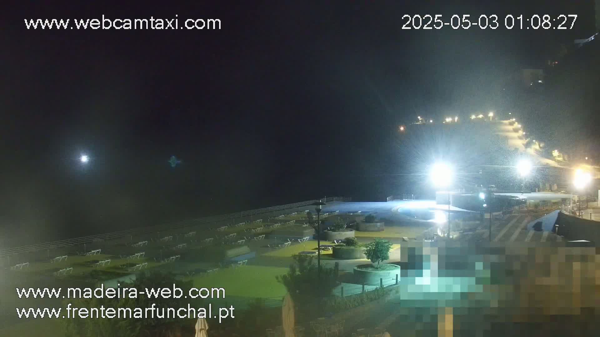 A nighttime, hazy view of a seaside area with rows of deck chairs, landscaping, and bright lights along a walkway, overlooking a dark ocean.
