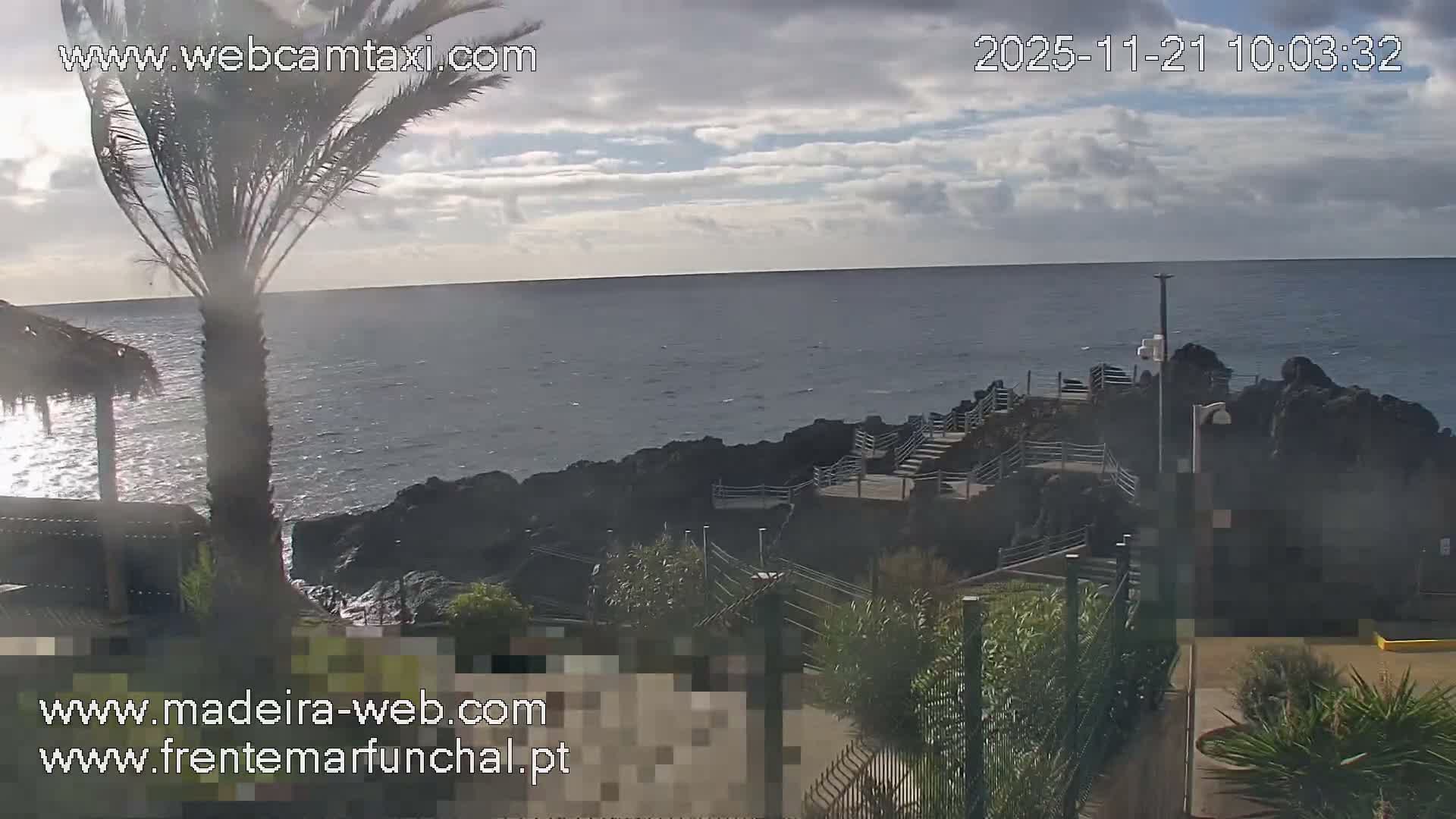 Under a bright, partly cloudy sky, a palm tree and a thatched structure frame a view of the ocean meeting a rocky coastline with winding boardwalks and stairs leading down to the water.