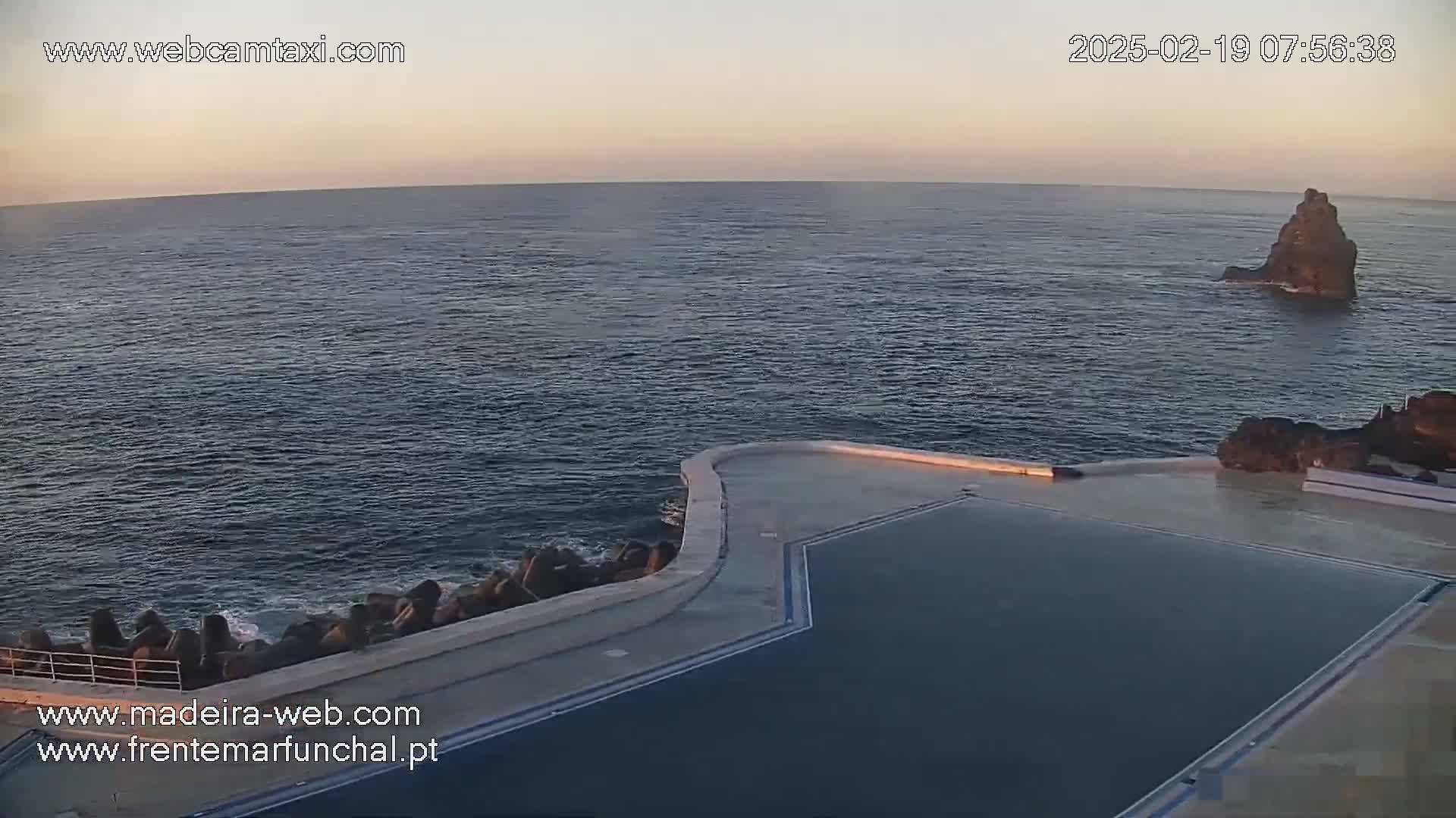 An outdoor swimming pool is situated on a rocky coast overlooking a calm ocean at dawn.