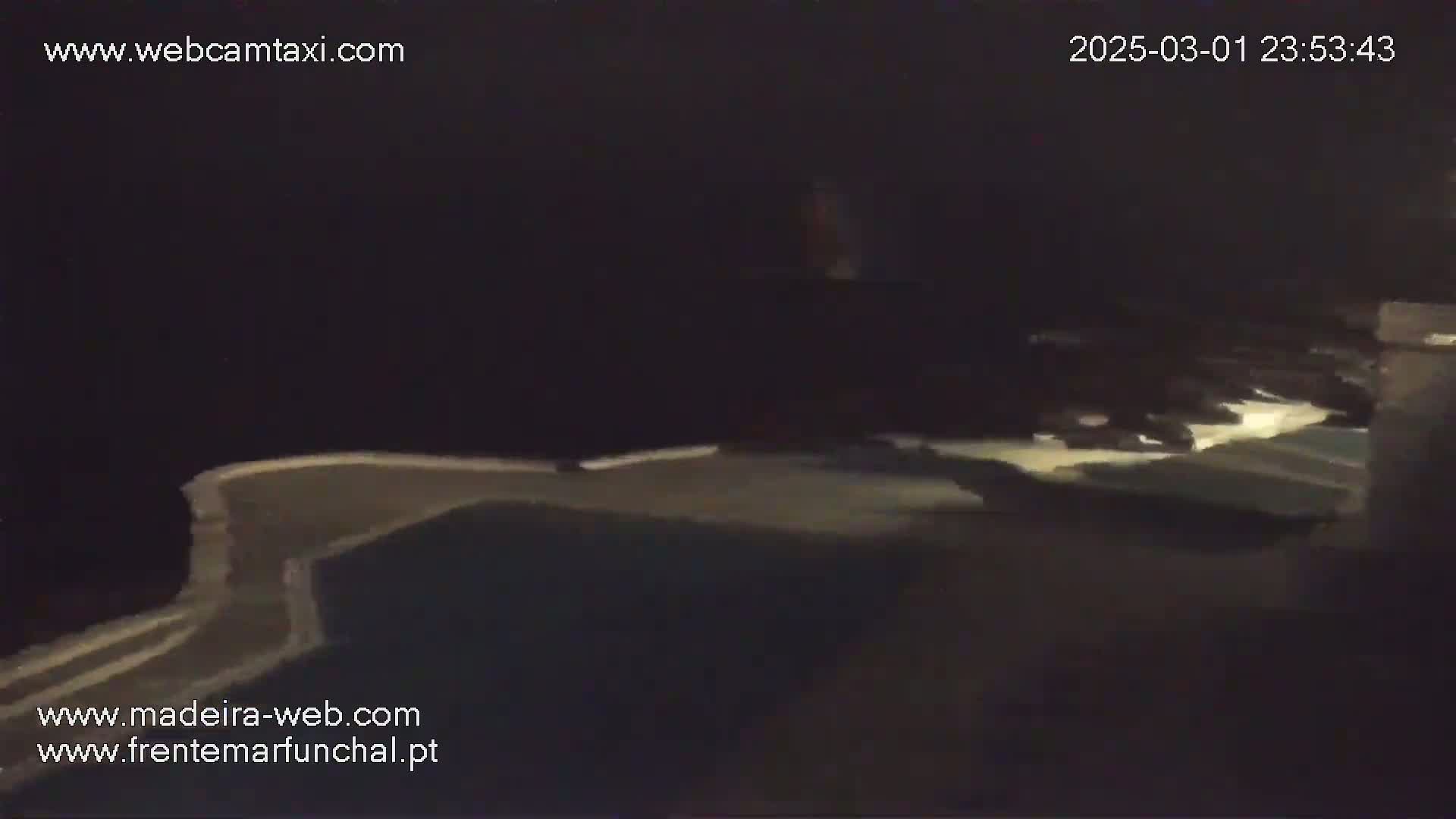 A nighttime, low-light view of a dark pool and surrounding area.