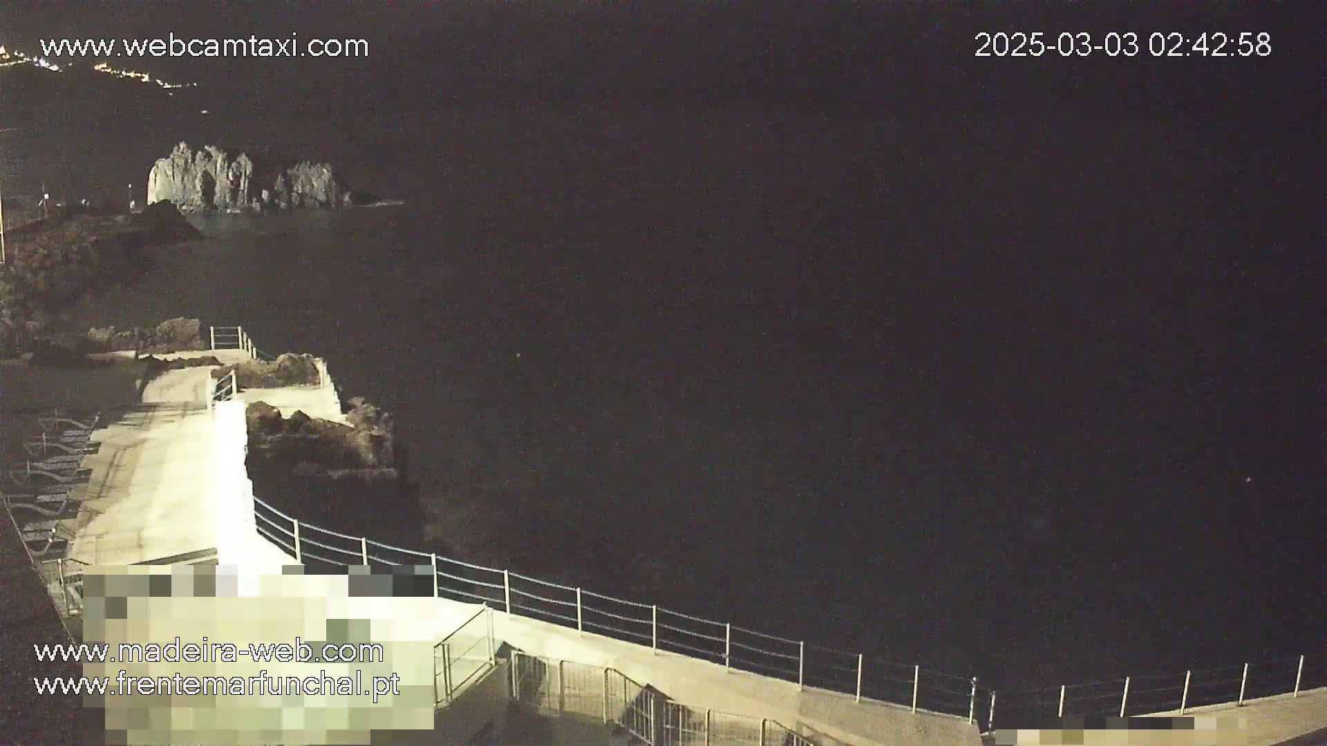A nighttime view of a dark ocean, rocky shoreline, and a paved walkway with railings, under a clear sky.