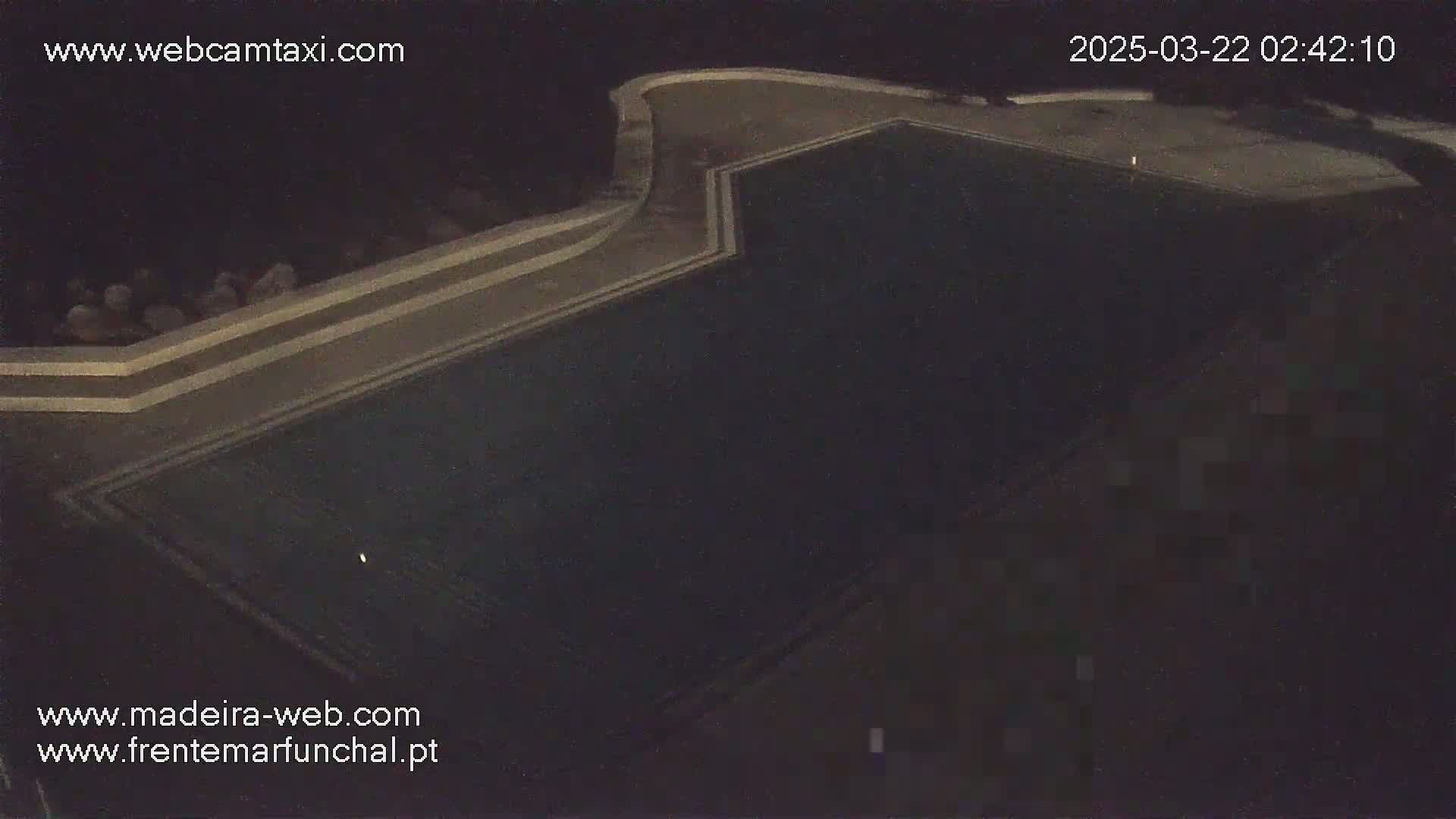 An empty, dark swimming pool is seen at night.