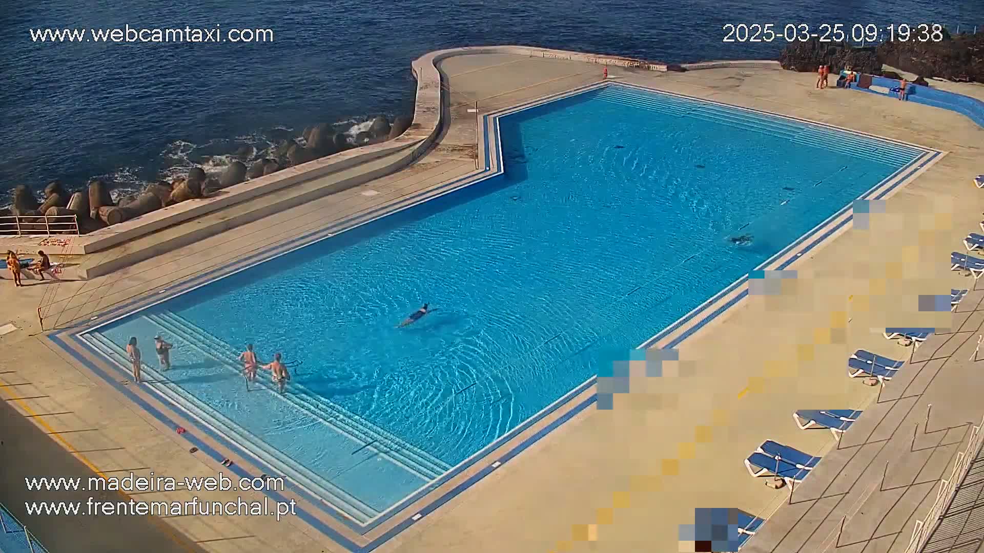 An outdoor swimming pool, partially filled with people, sits next to a rocky ocean shore on a sunny day.