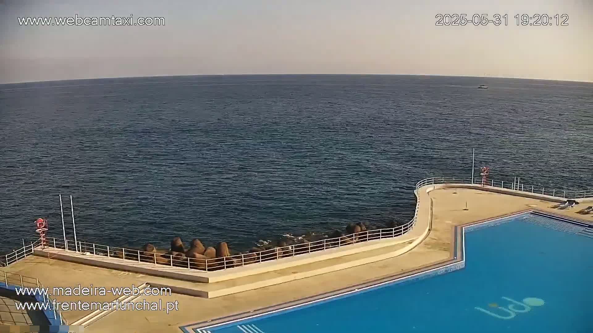 An outdoor pool with a curved edge overlooks a calm ocean on a mostly clear day.