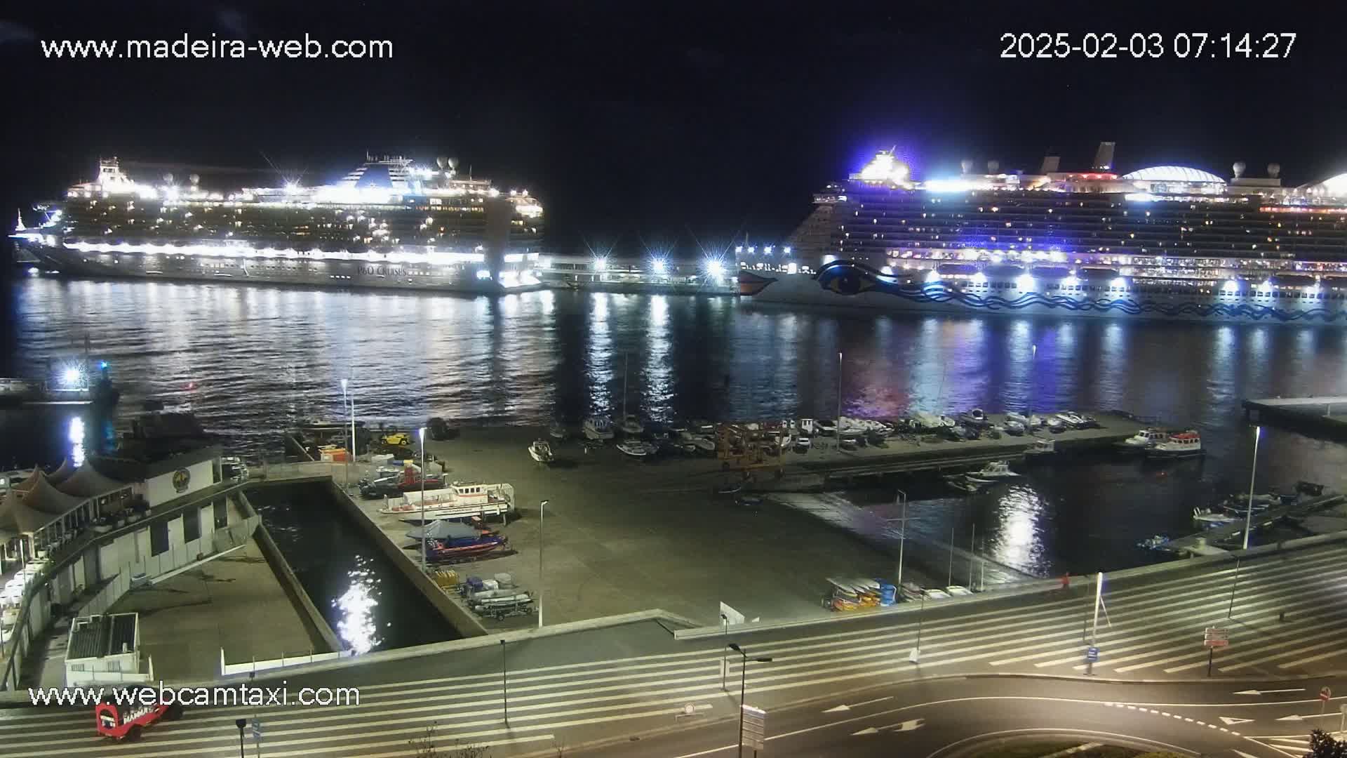 Two large cruise ships are docked at a harbor at night, with smaller boats moored nearby, under calm, dark conditions.