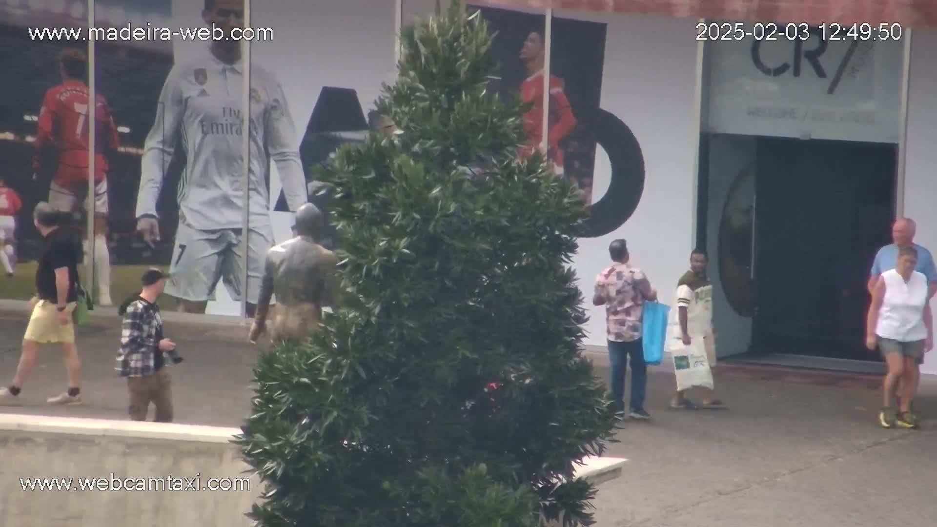 A large evergreen bush sits in front of a building with large images of soccer players, and several people walk around the area on a partly sunny day.