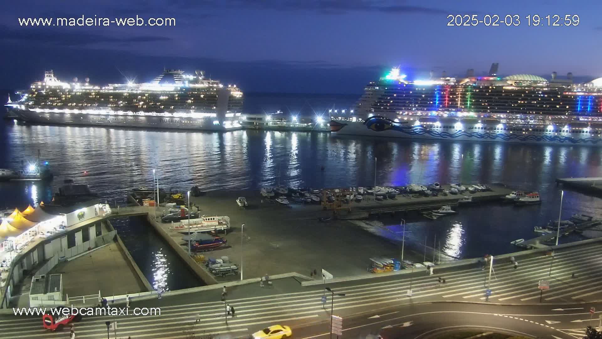 Two large cruise ships are docked at a harbor at night, under a dark sky.
