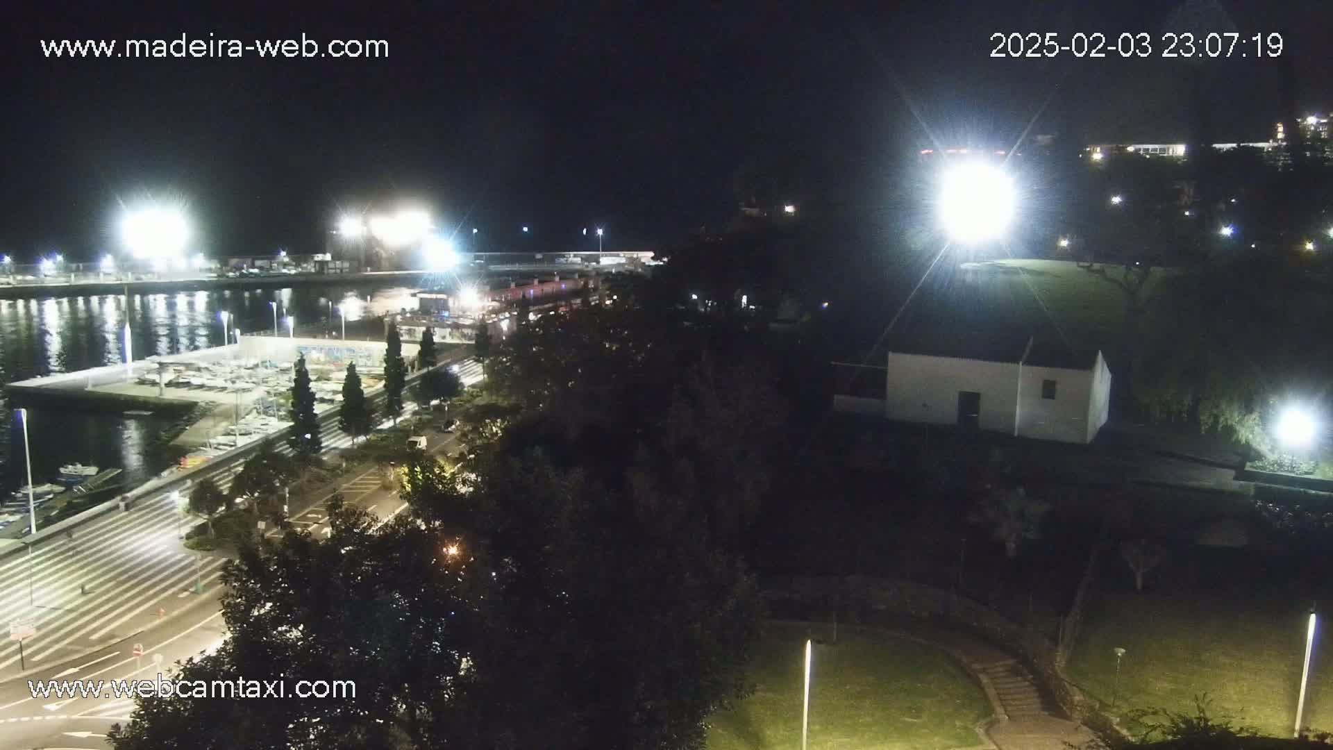 A nighttime view of a harbor, marina, and adjacent parkland illuminated by artificial lights.