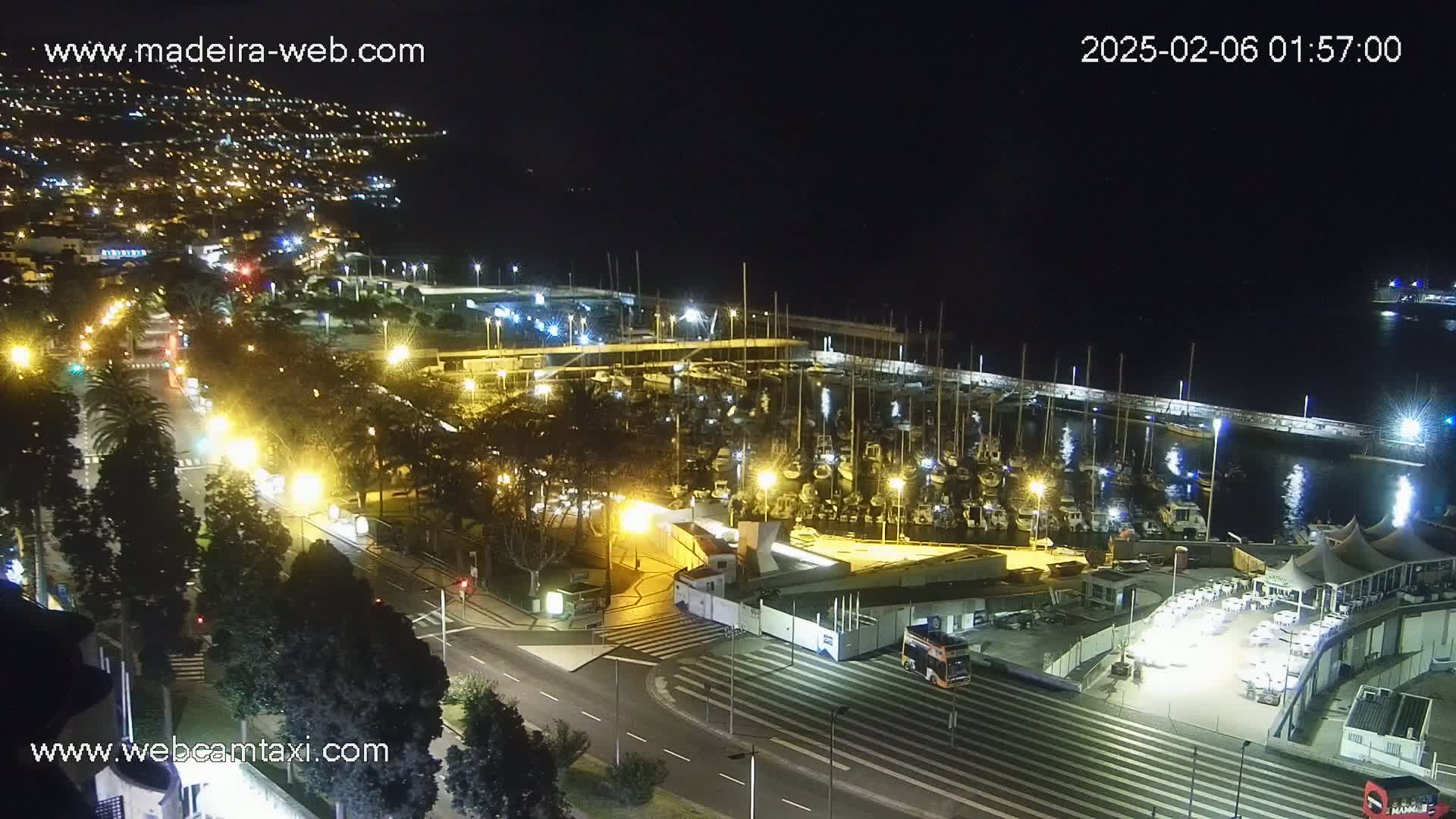 A nighttime, aerial view shows a marina filled with boats, a roadway with cars, and a city illuminated on a hillside in the distance.