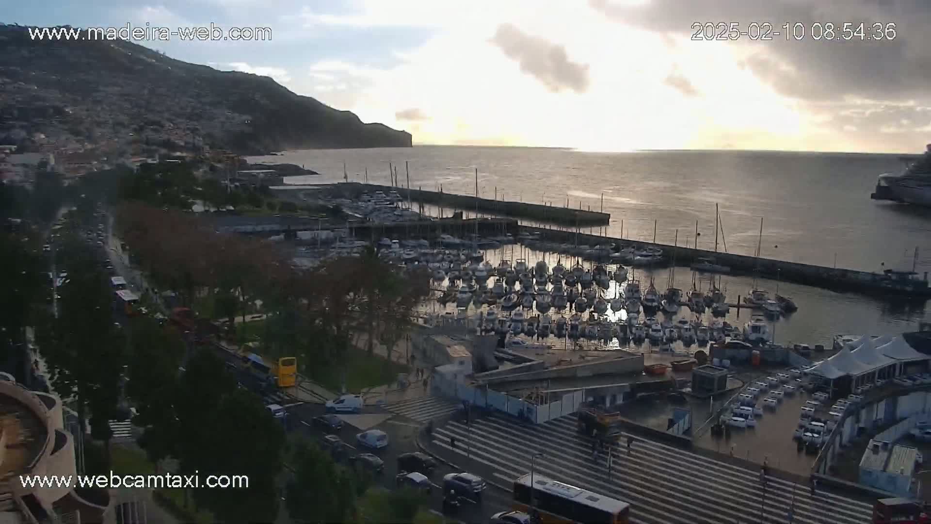 A harbor filled with many sailboats is seen from an elevated viewpoint, under a partly cloudy sunrise sky, with a city and mountains in the background.