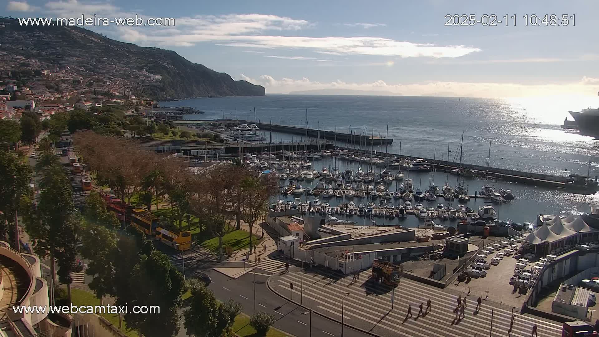 A marina filled with numerous boats is situated near a city nestled against a mountainous coastline under a partly sunny sky.