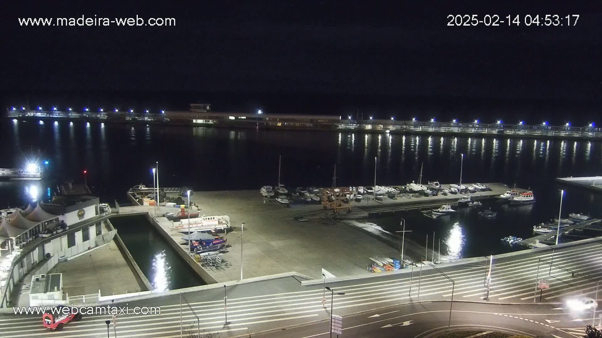A nighttime aerial view of a marina with numerous boats docked, illuminated by artificial lights under a clear, dark sky.