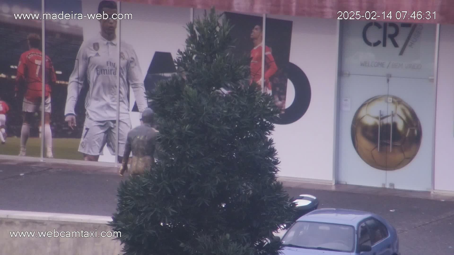 A statue stands partially obscured by a dark green bush in front of a building with large images of Cristiano Ronaldo and a golden soccer ball.