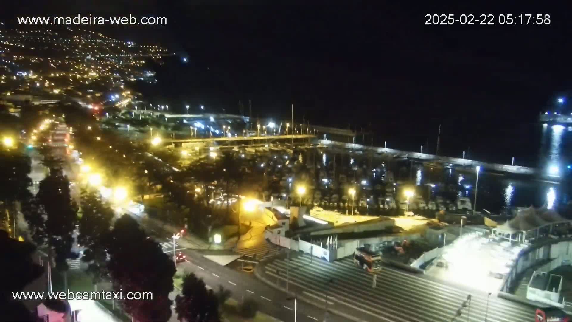A nighttime, high-angle view of a marina filled with boats, a nearby roadway with cars, and a city illuminated in the distance.