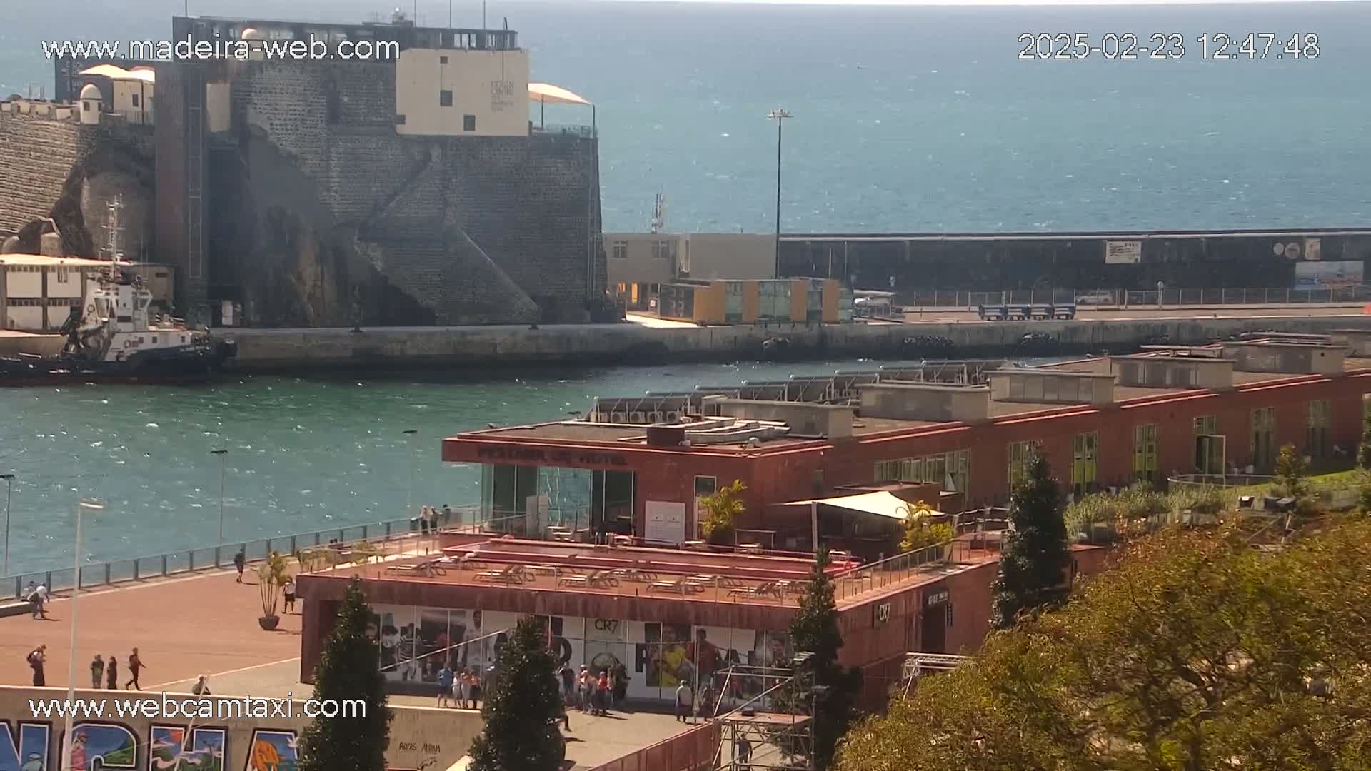 A harbor scene on a sunny day shows a tugboat, a large stone building, a long brick building with a rooftop patio, and a calm body of water with small waves.