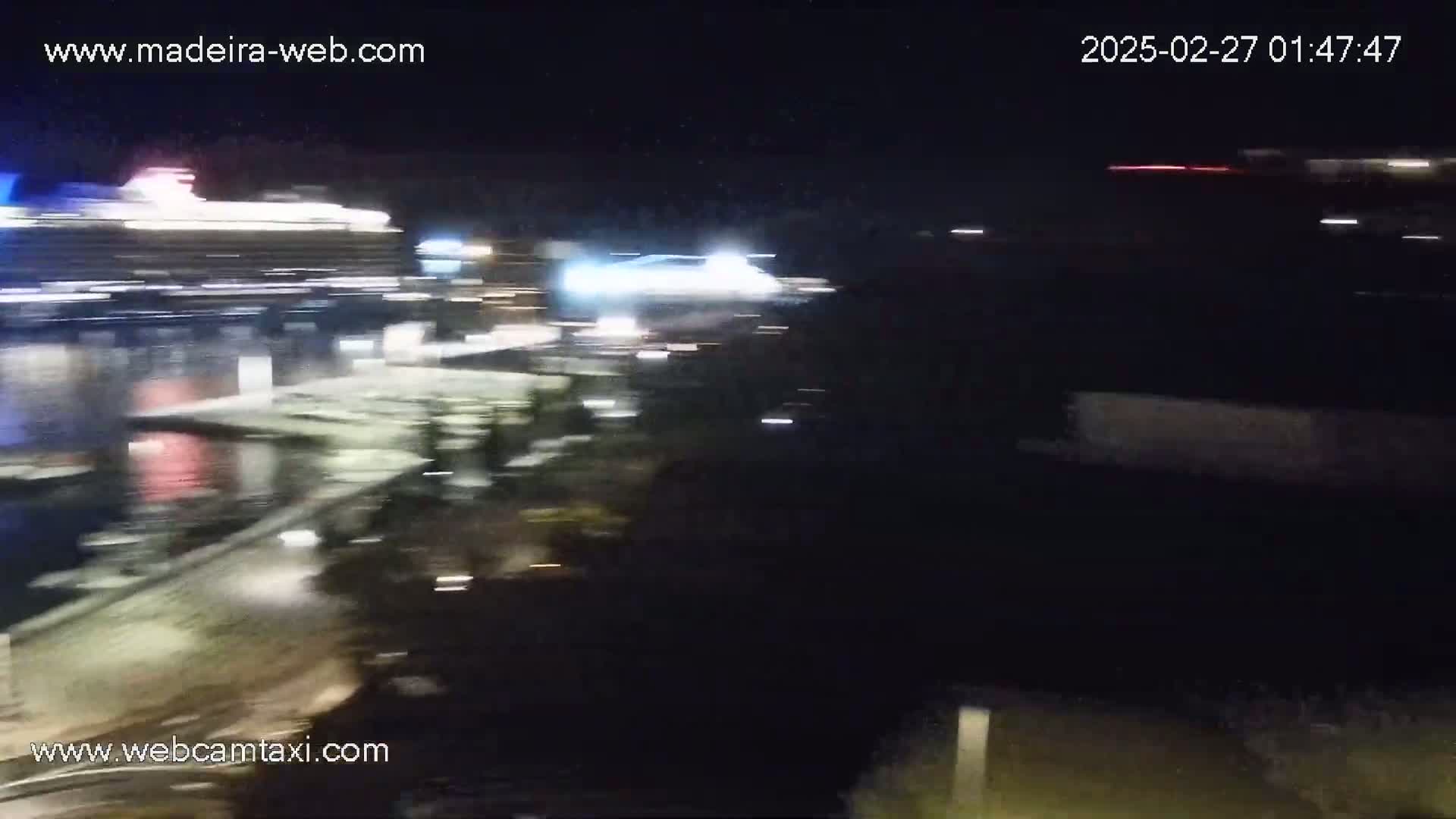 A large cruise ship is docked at night near a waterfront area with blurred lights and dark surroundings.