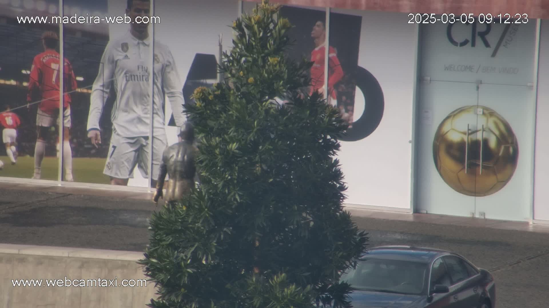 A statue stands partially obscured by a bush in front of a building displaying large images of soccer players and a golden soccer ball.