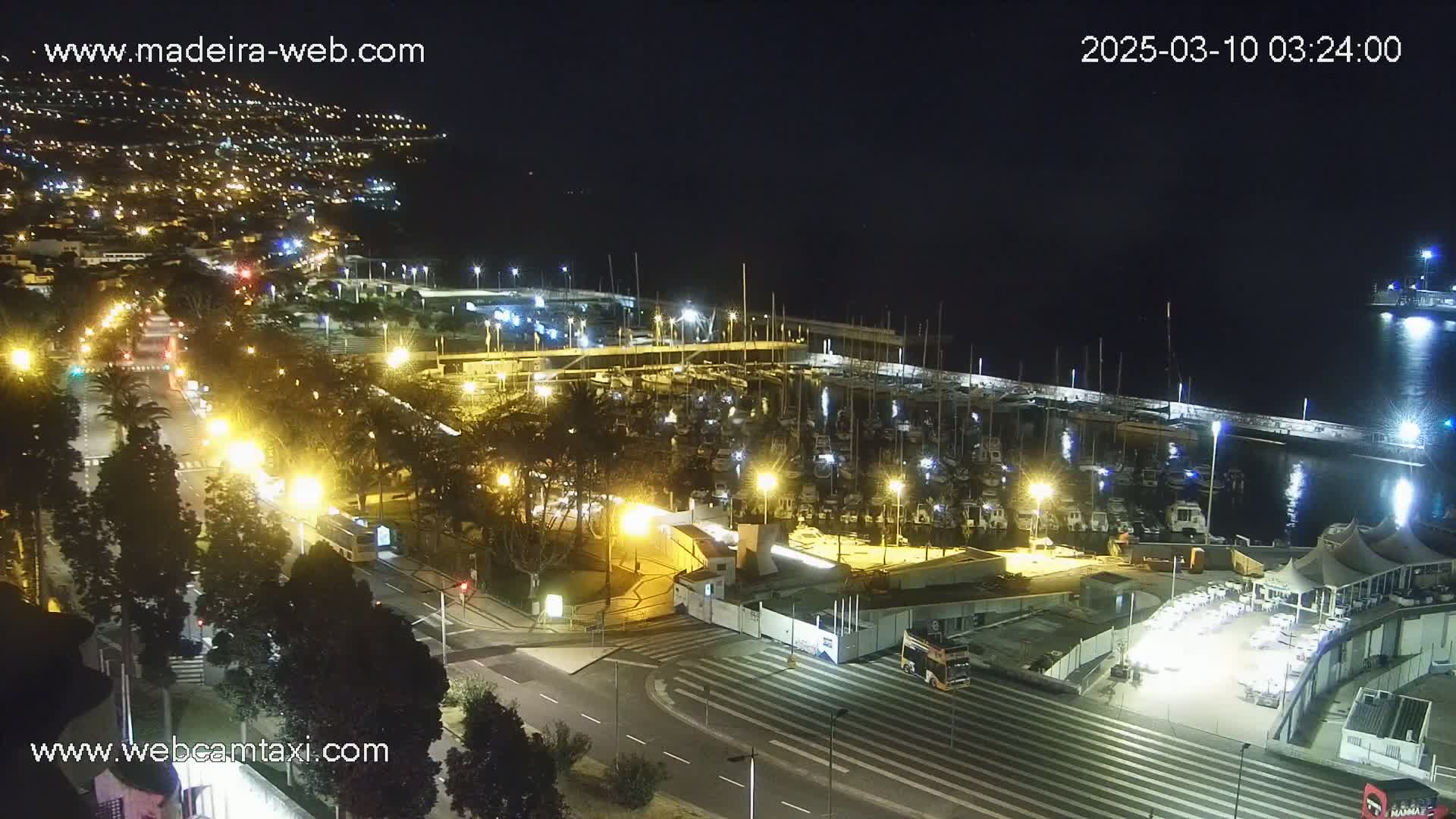 A nighttime, high-angle view of a marina filled with boats, adjacent to a roadway with streetlights and buildings, overlooking a city illuminated in the distance.