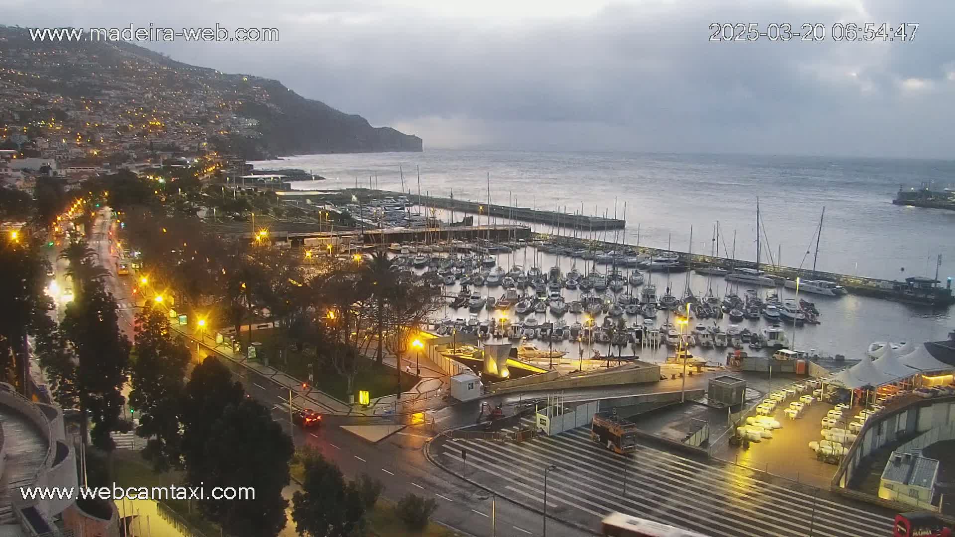 A wet, overcast morning shows a marina filled with many boats next to a city with hills in the background.