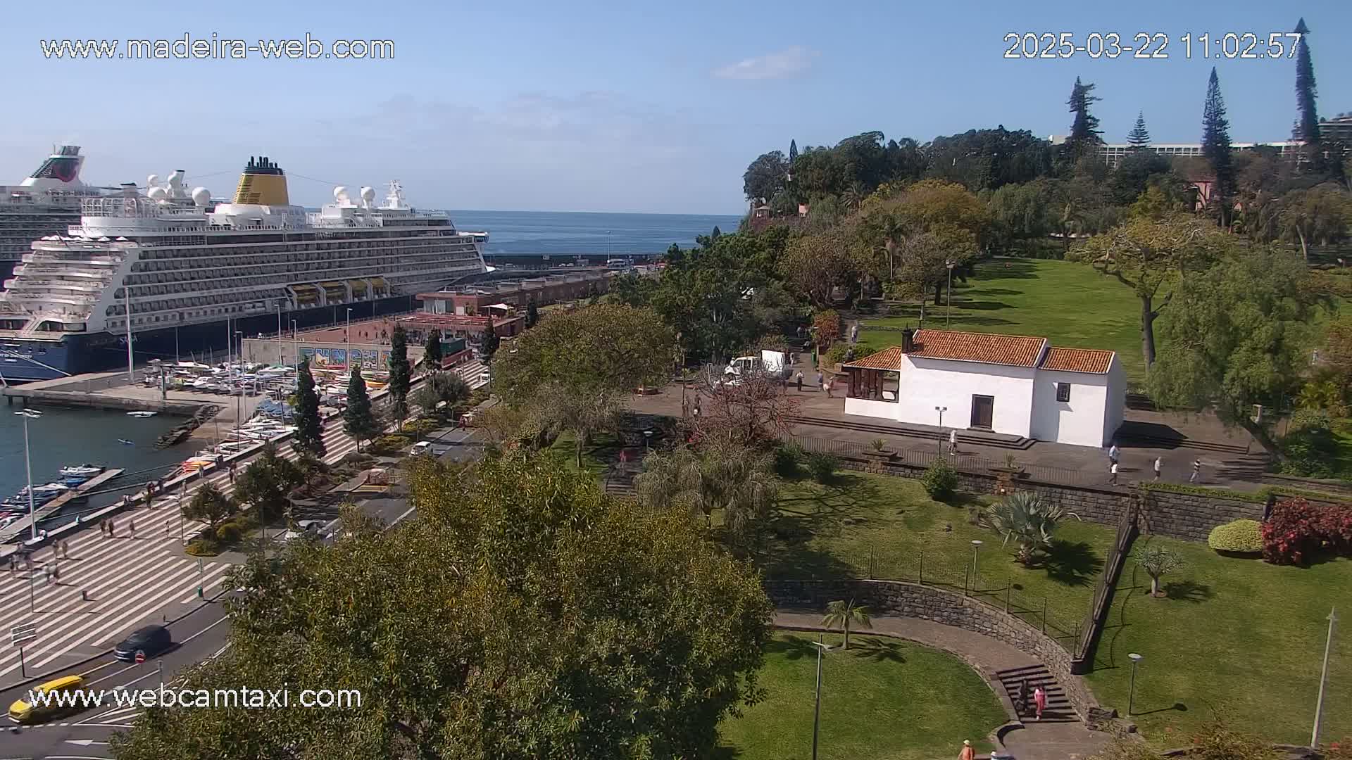 A large cruise ship is docked at a harbor next to a park with a small white building, under a sunny sky.