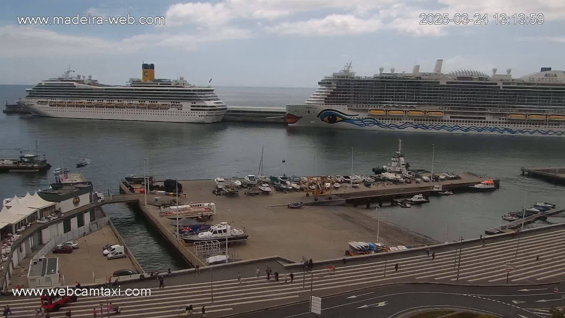 Two large cruise ships are docked in a harbor on a partly cloudy day, with numerous smaller boats moored nearby and pedestrians walking on a nearby promenade.