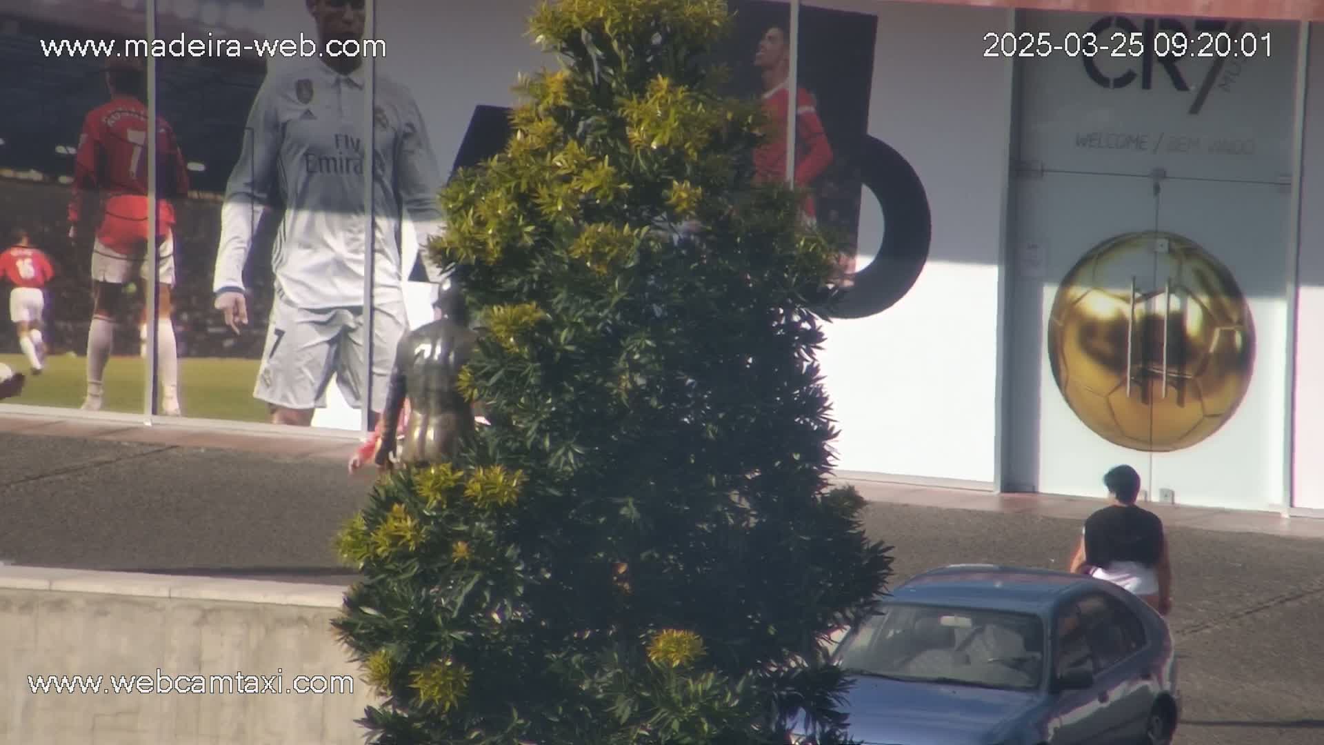 A statue partially obscured by a green bush is in front of a building displaying large images of soccer players, and a person is walking past a parked car in sunny weather.