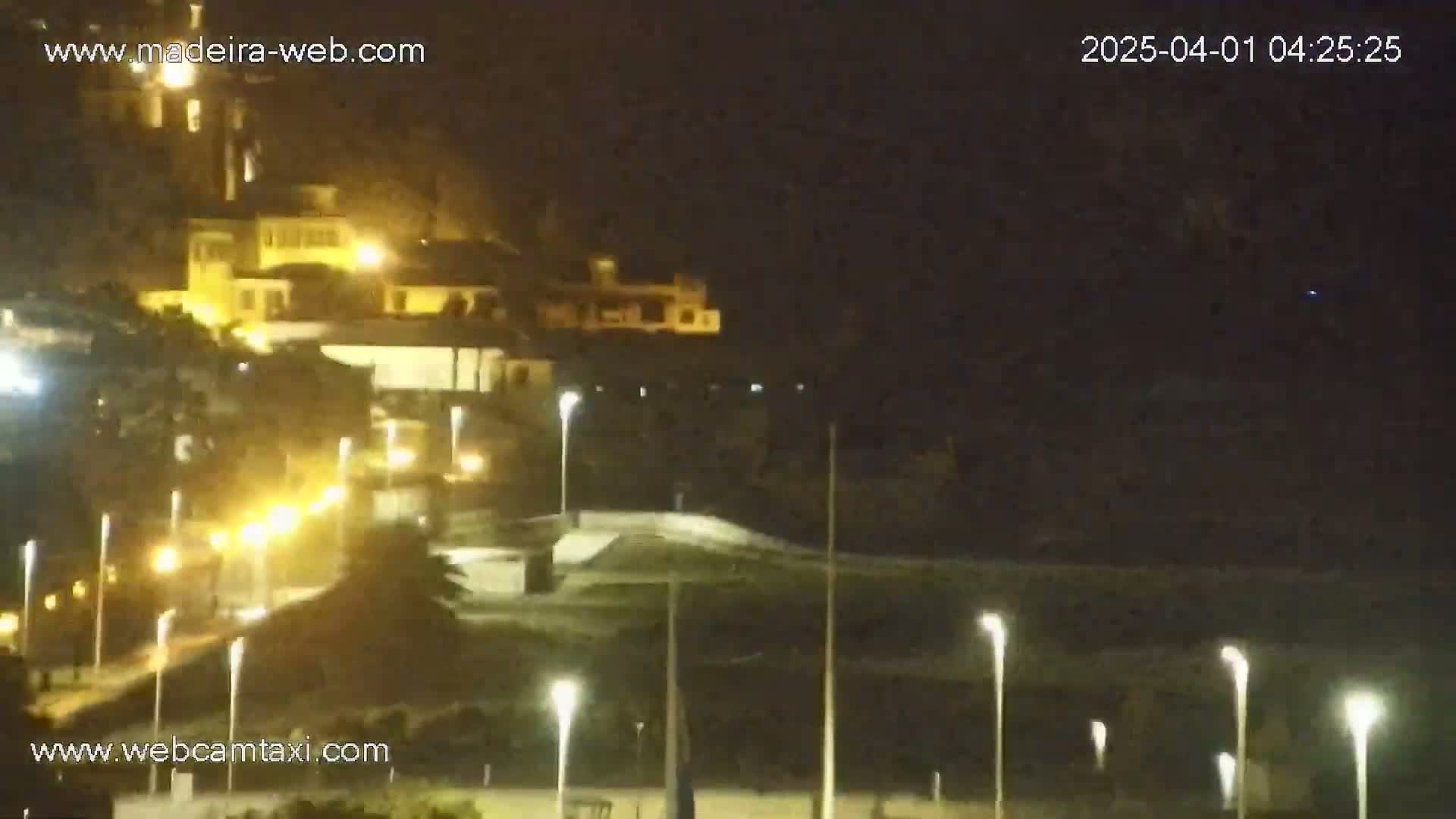A nighttime view of a coastal town with illuminated buildings and streets, under a clear, dark sky.