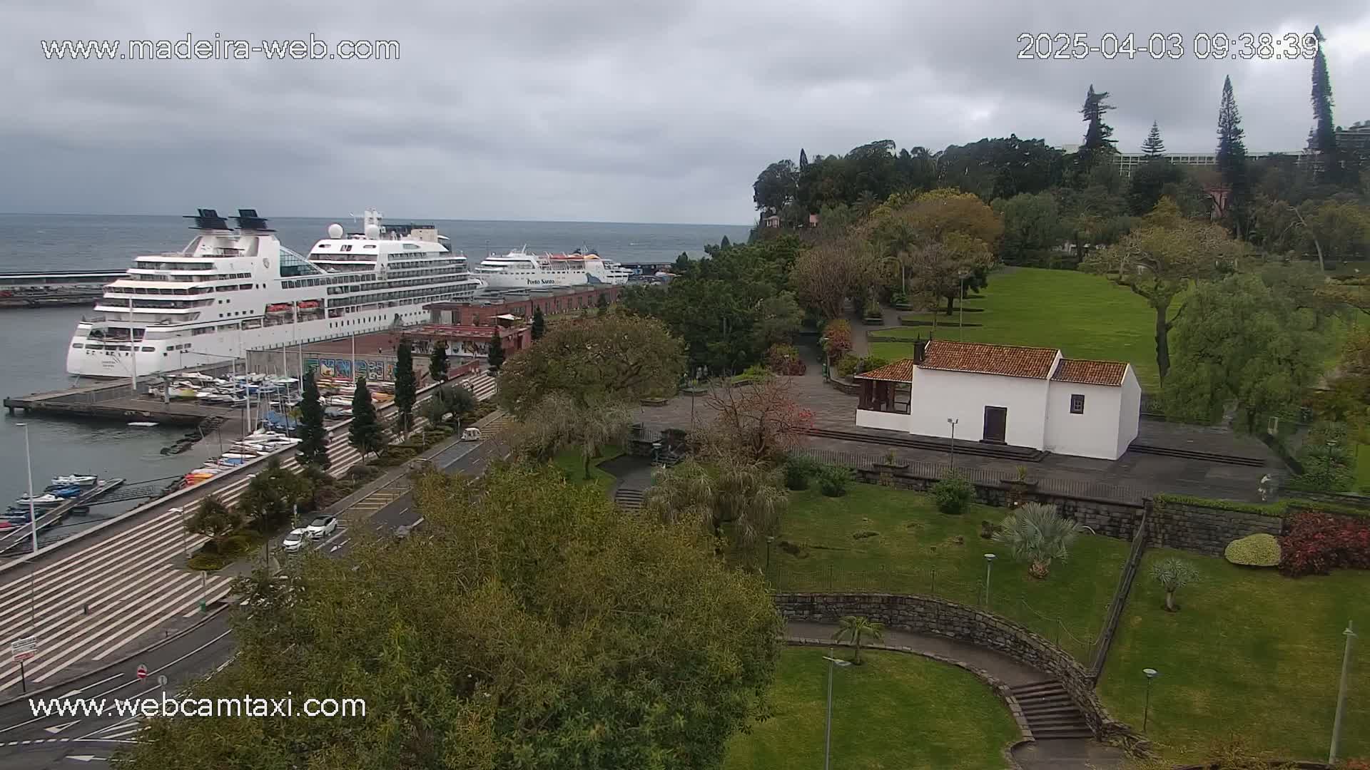 A large cruise ship is docked at a harbor next to a park with a small white building, under an overcast sky.