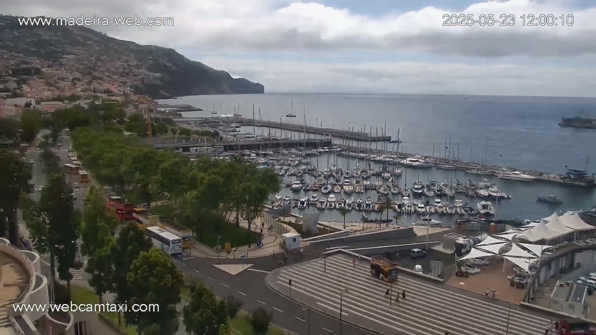 A marina filled with numerous boats is situated beside a coastal town nestled against a mountain, under a partly cloudy sky.