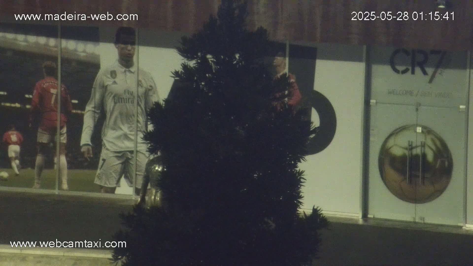 A nighttime image shows a building with large windows displaying images of soccer players, one of whom is prominently featured, partially obscured by a dark evergreen tree.
