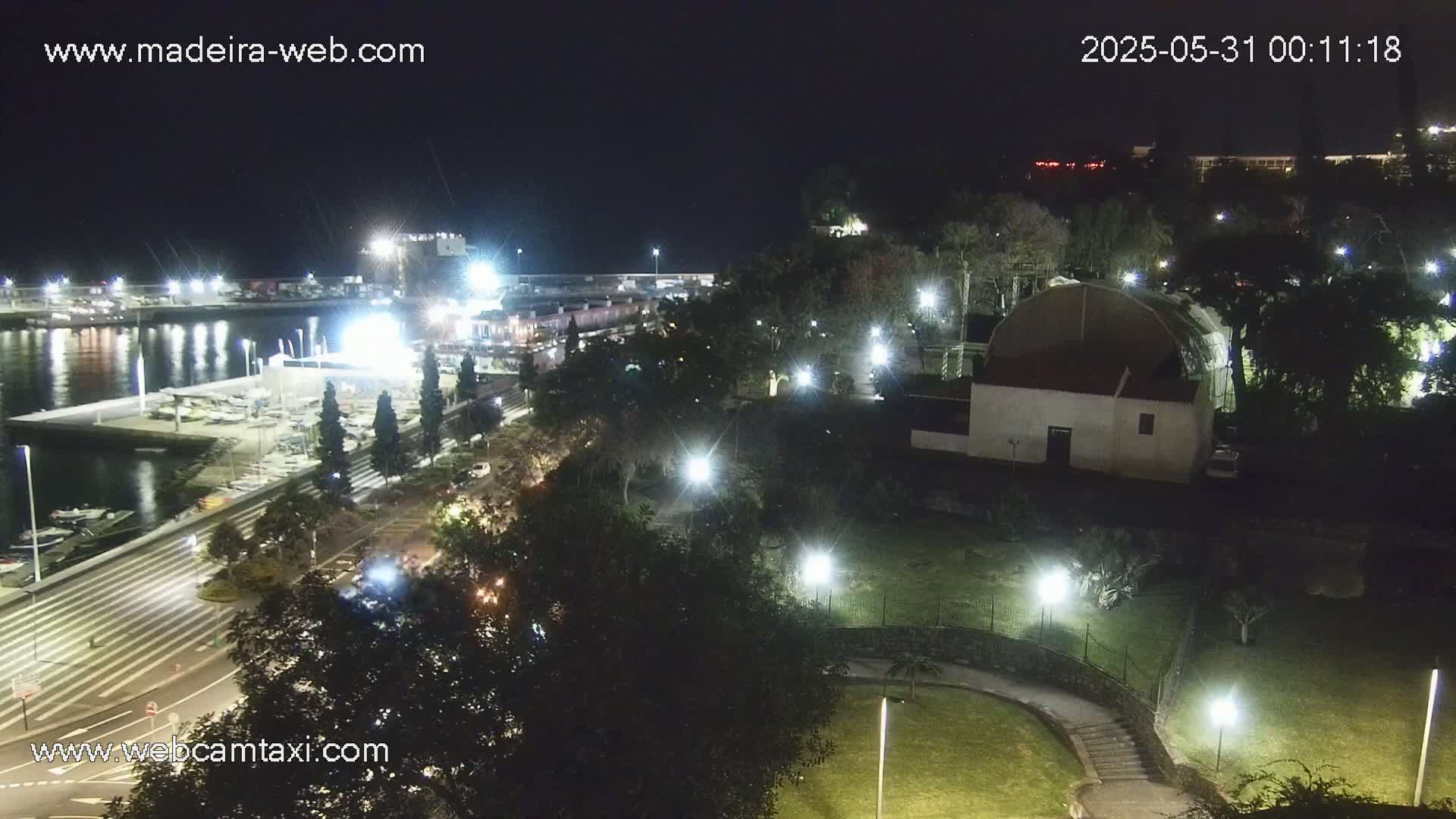 A nighttime view of a harbor with boats docked, a roadway, and a park with a building, illuminated by streetlights.