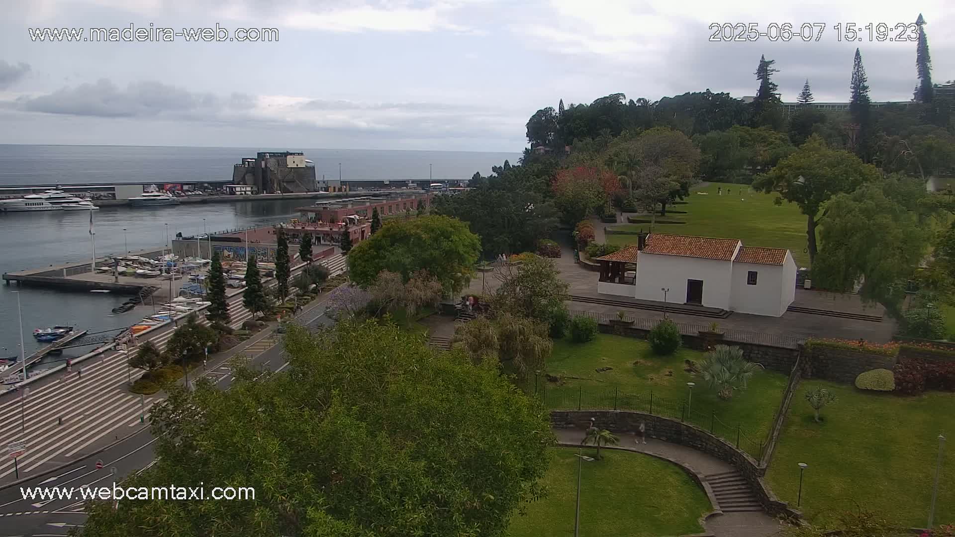 An overcast day overlooking a harbor with boats, a marina, a paved walkway, lush green park with a small white building, and a hillside covered in trees.