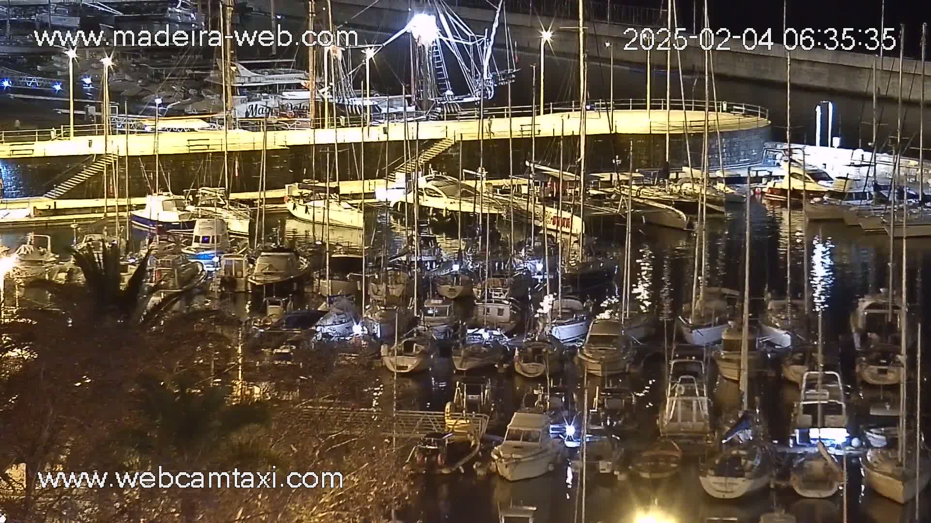 Many sailboats and motorboats are moored in a harbor at night under calm conditions.