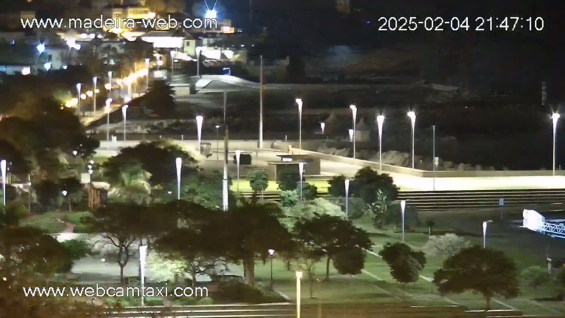 A nighttime view of a park with numerous lights illuminating trees and pathways, next to a brightly lit road and buildings.