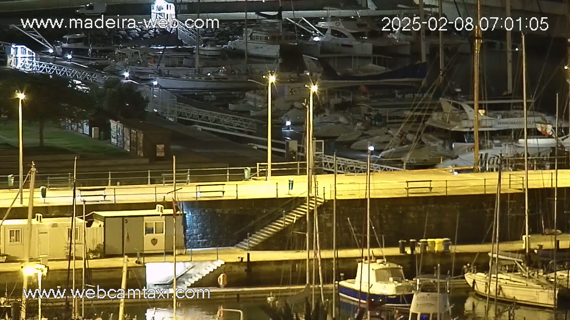 A nighttime view of a marina filled with docked boats, illuminated by artificial lights.