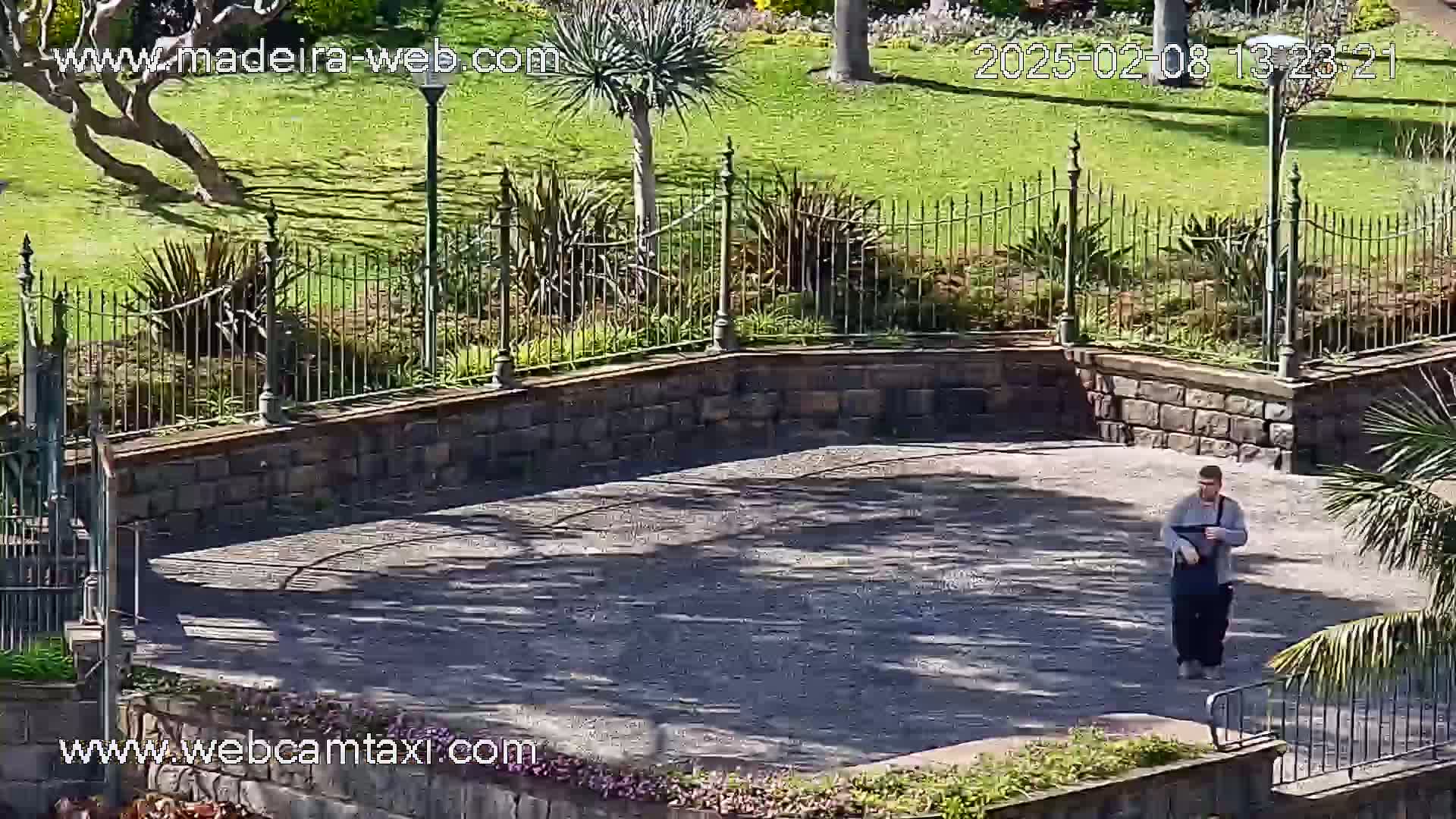 A person stands on a paved area surrounded by a stone wall and wrought iron fence, next to a sunny garden with green grass and various plants.