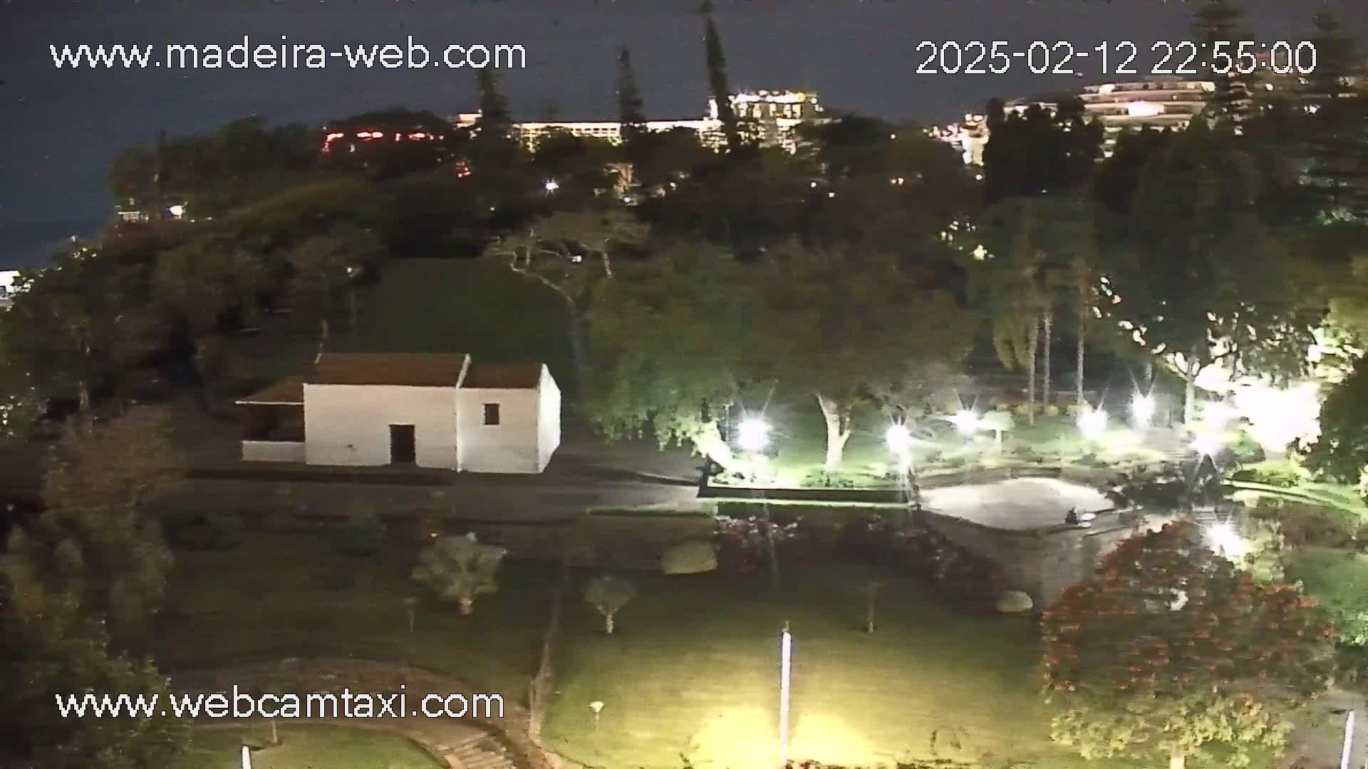 A nighttime aerial view of a park with a small white building, illuminated trees, and a building in the background under a clear, dark sky.