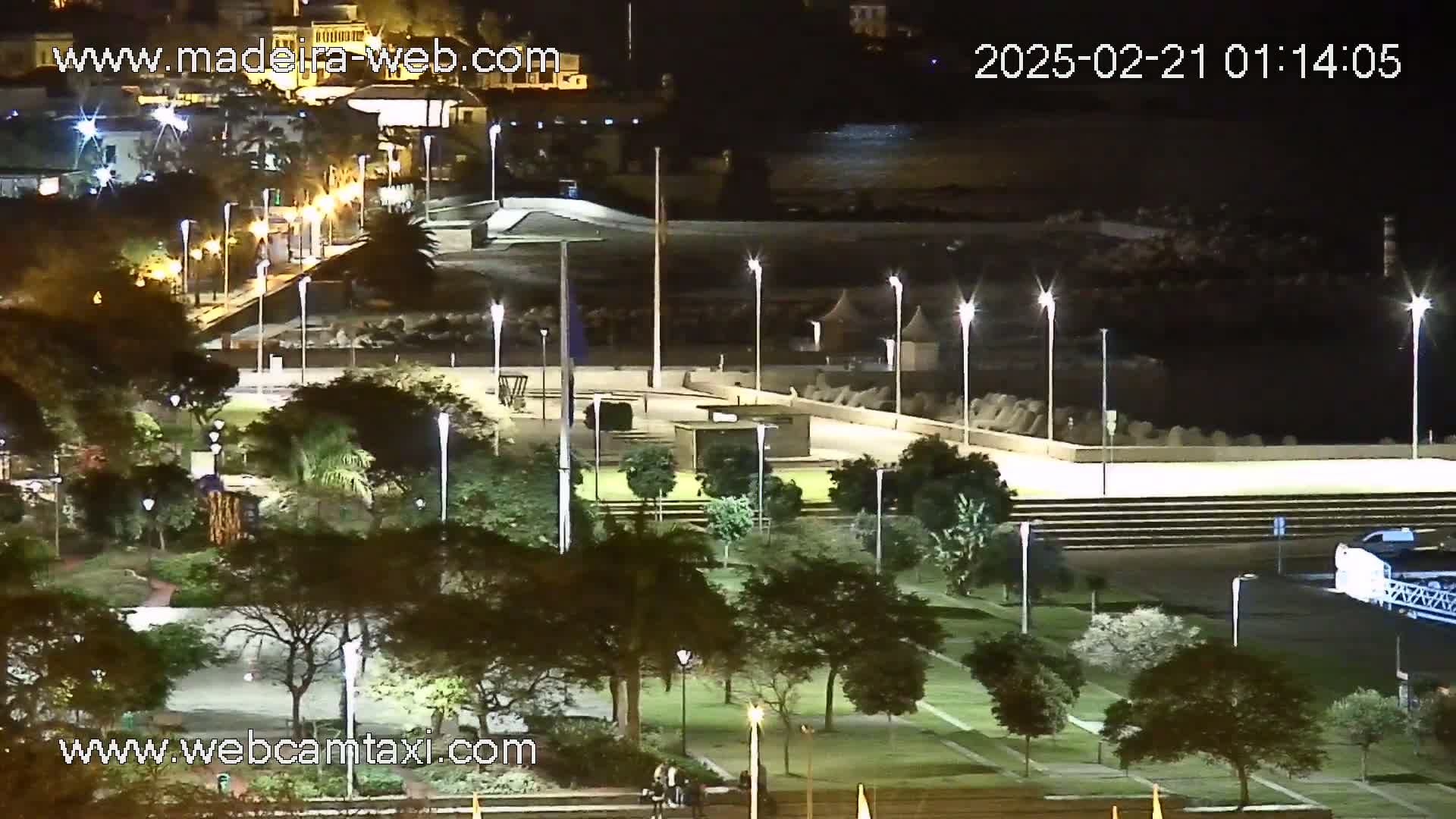 A nighttime view of a park-like area next to a body of water, illuminated by numerous streetlights.