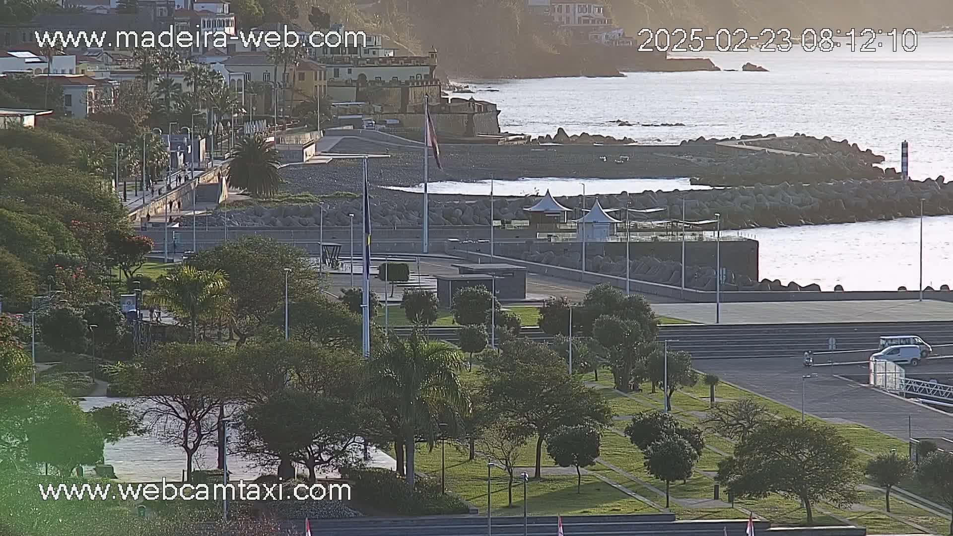 A coastal park with lush green trees and a paved walkway overlooks a rocky beach and calm ocean under a bright, mostly sunny sky.